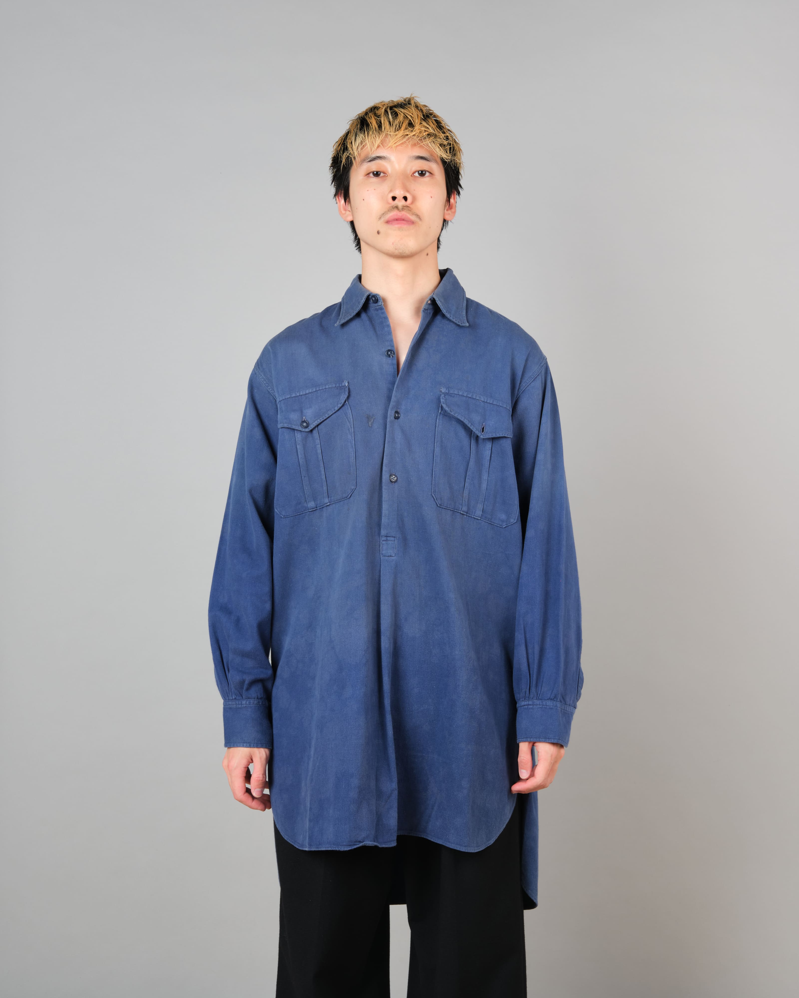 【~50’s】French Vintage Blue Cotton Twill Grandpa Shirt Size.41 "Adolphe Lafont"