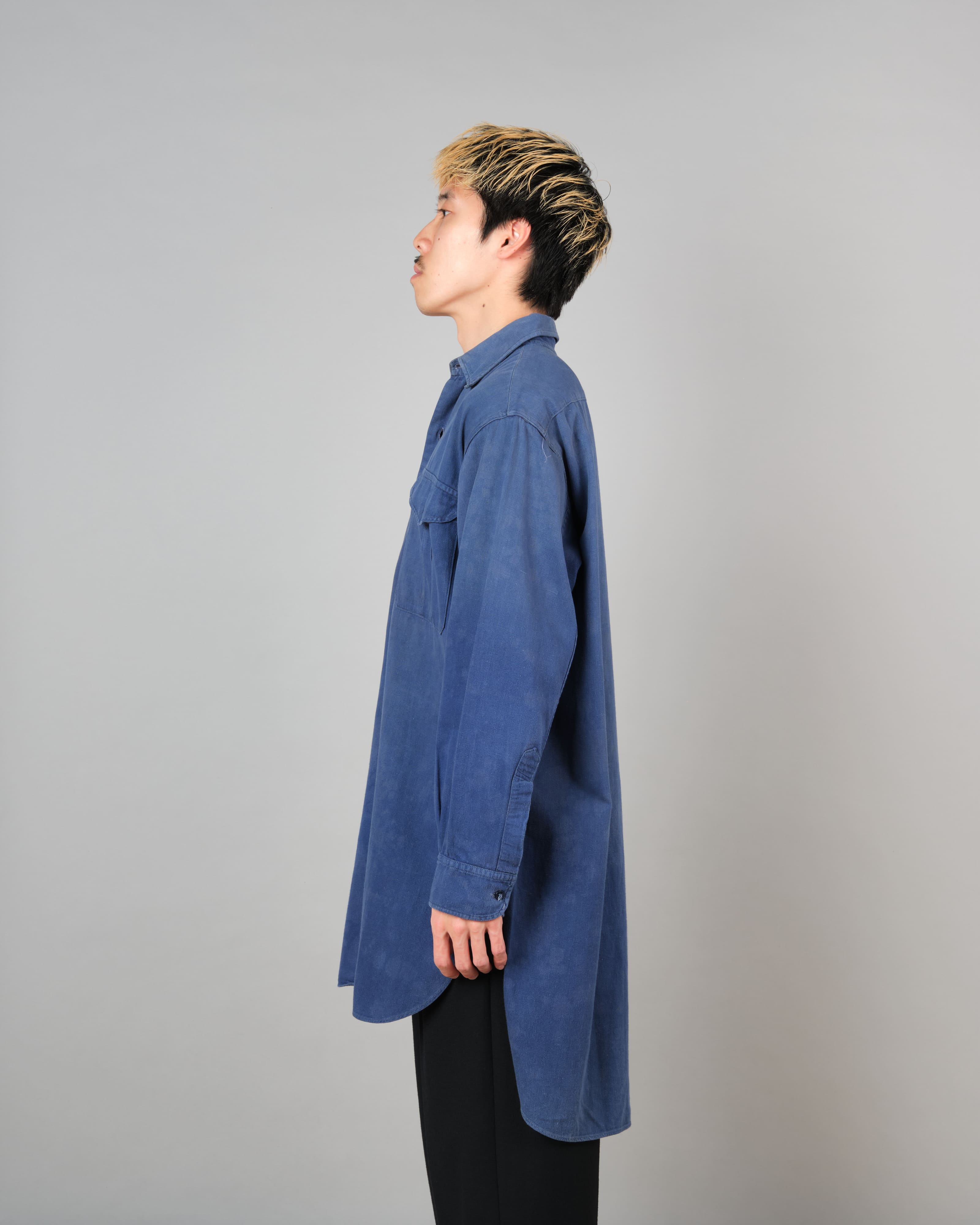 【~50’s】French Vintage Blue Cotton Twill Grandpa Shirt Size.41 "Adolphe Lafont"