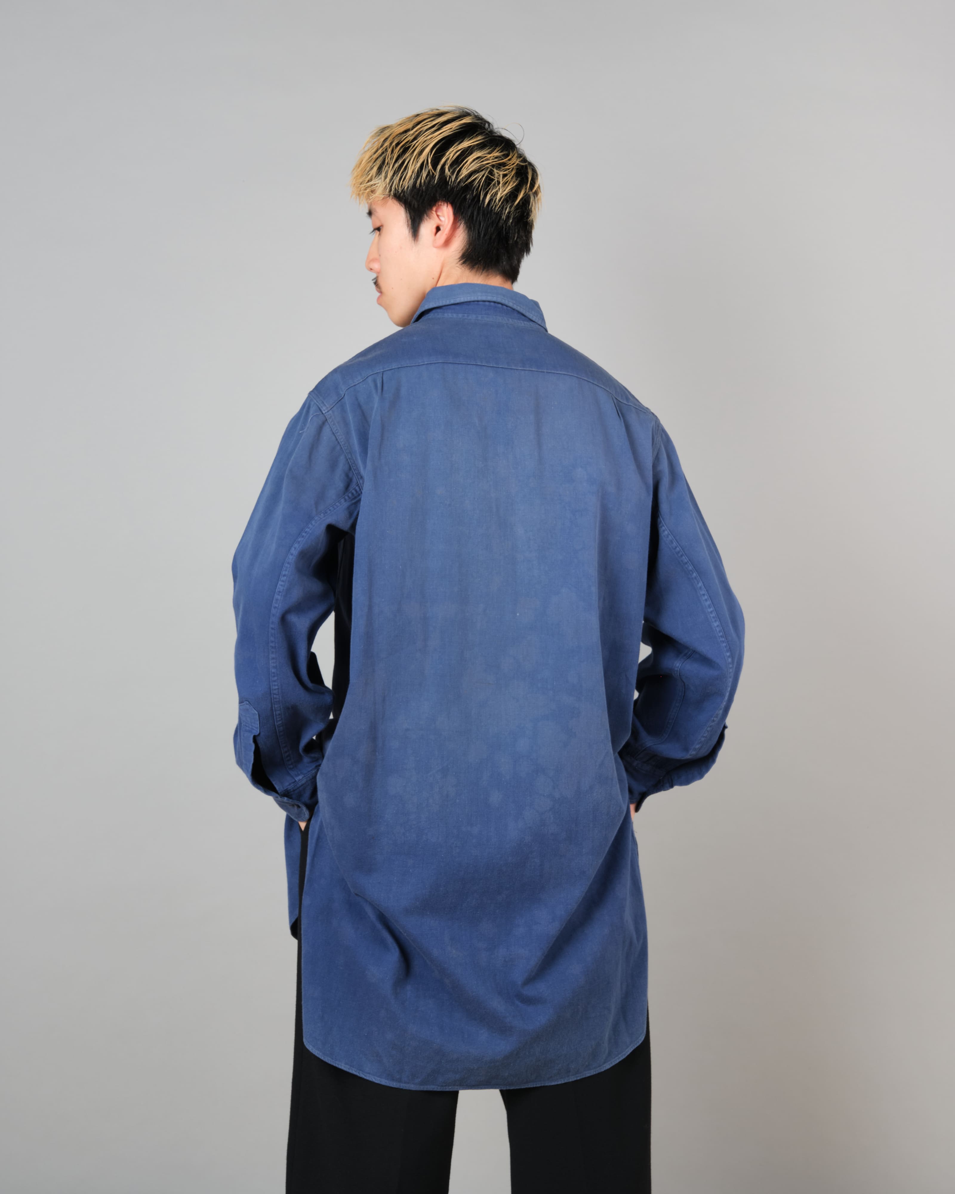 【~50’s】French Vintage Blue Cotton Twill Grandpa Shirt Size.41 "Adolphe Lafont"