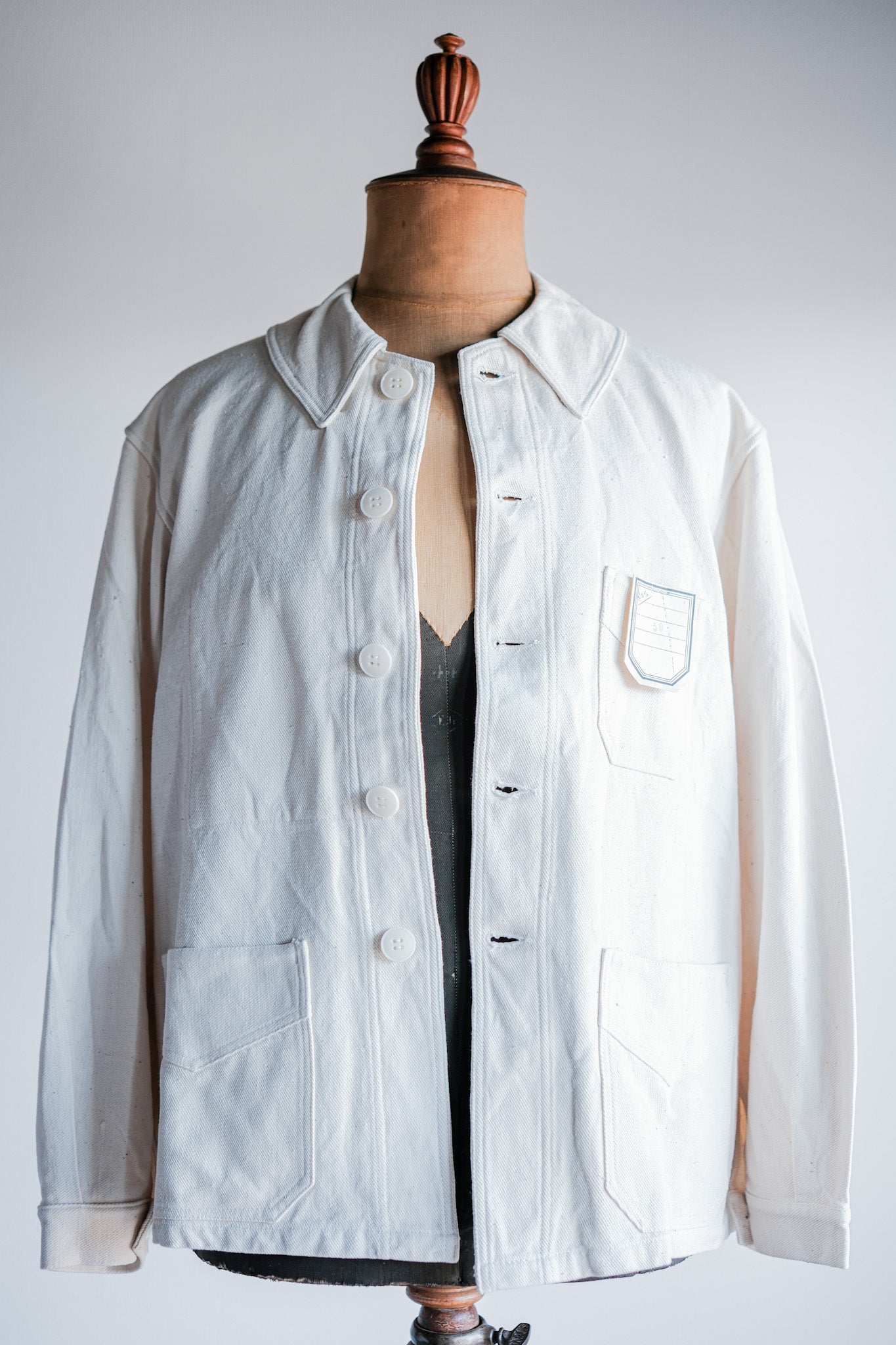 【~40's】French Vintage White Cotton Twill Work Jacket Size.50 "Dead Stock"