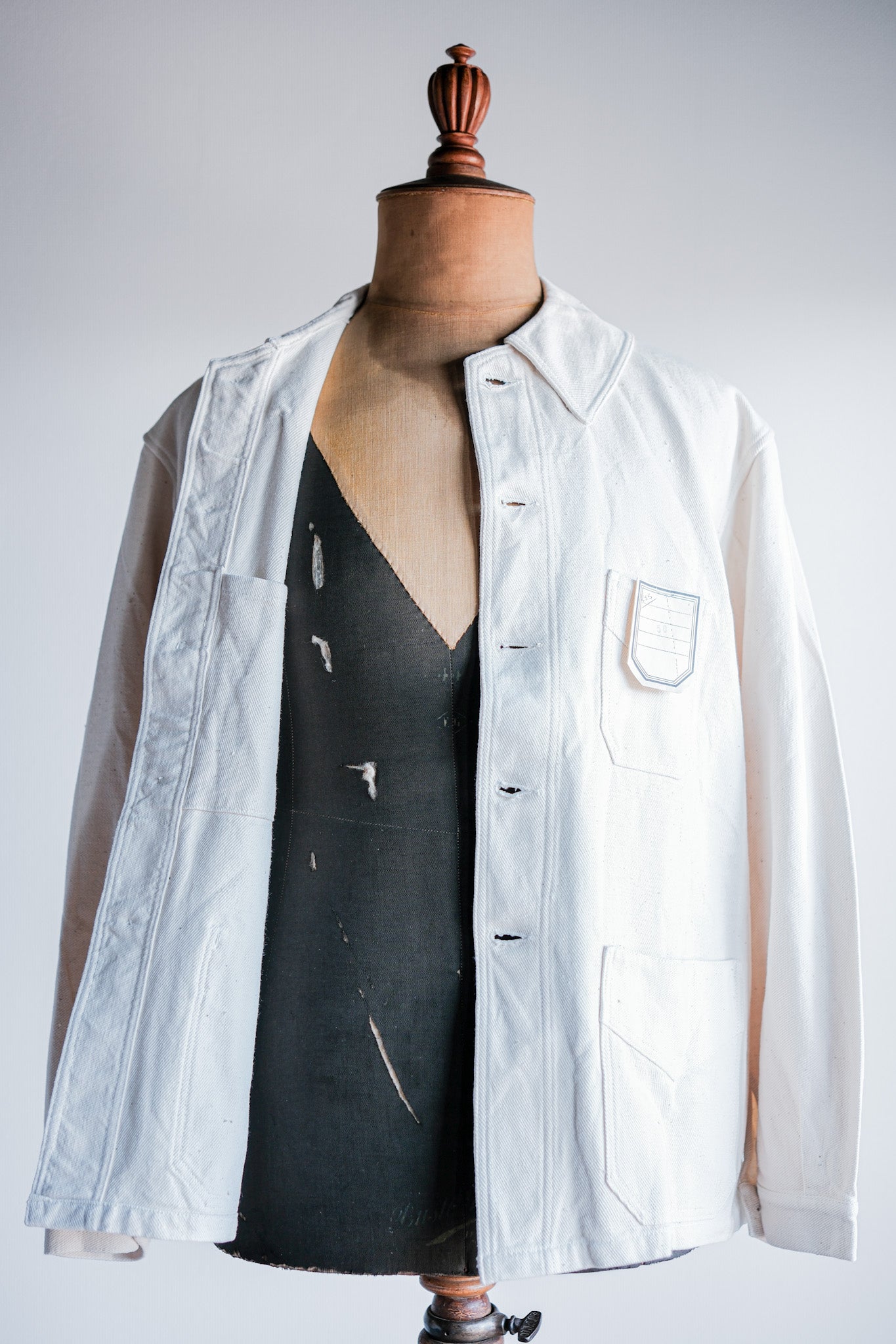 【~40's】French Vintage White Cotton Twill Work Jacket Size.50 "Dead Stock"