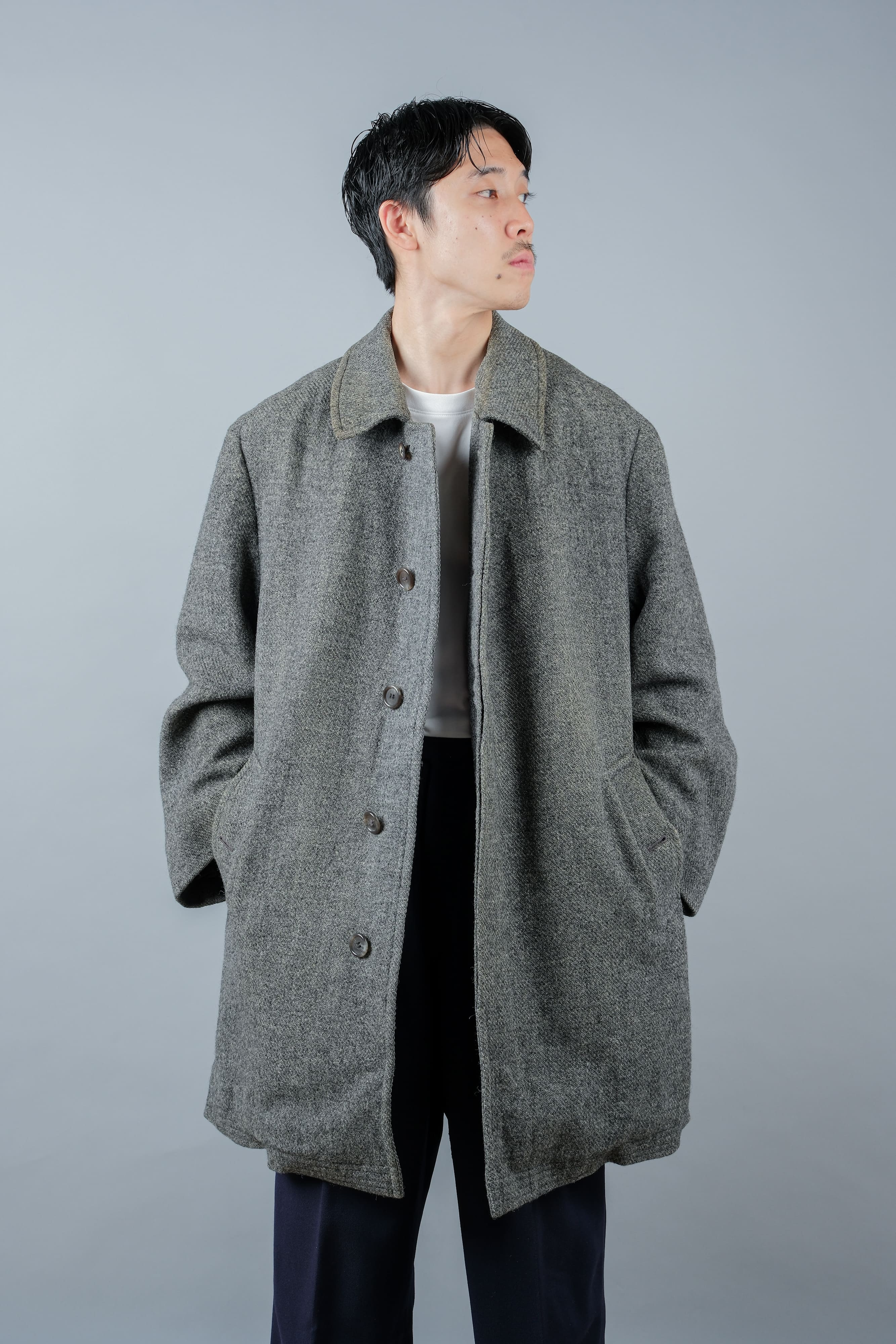 【~80's】Vintage Burberrys Saddle Shoulder Wool Balmacaan Coat Size.50RL "HARRIS TWEED" "Modified"