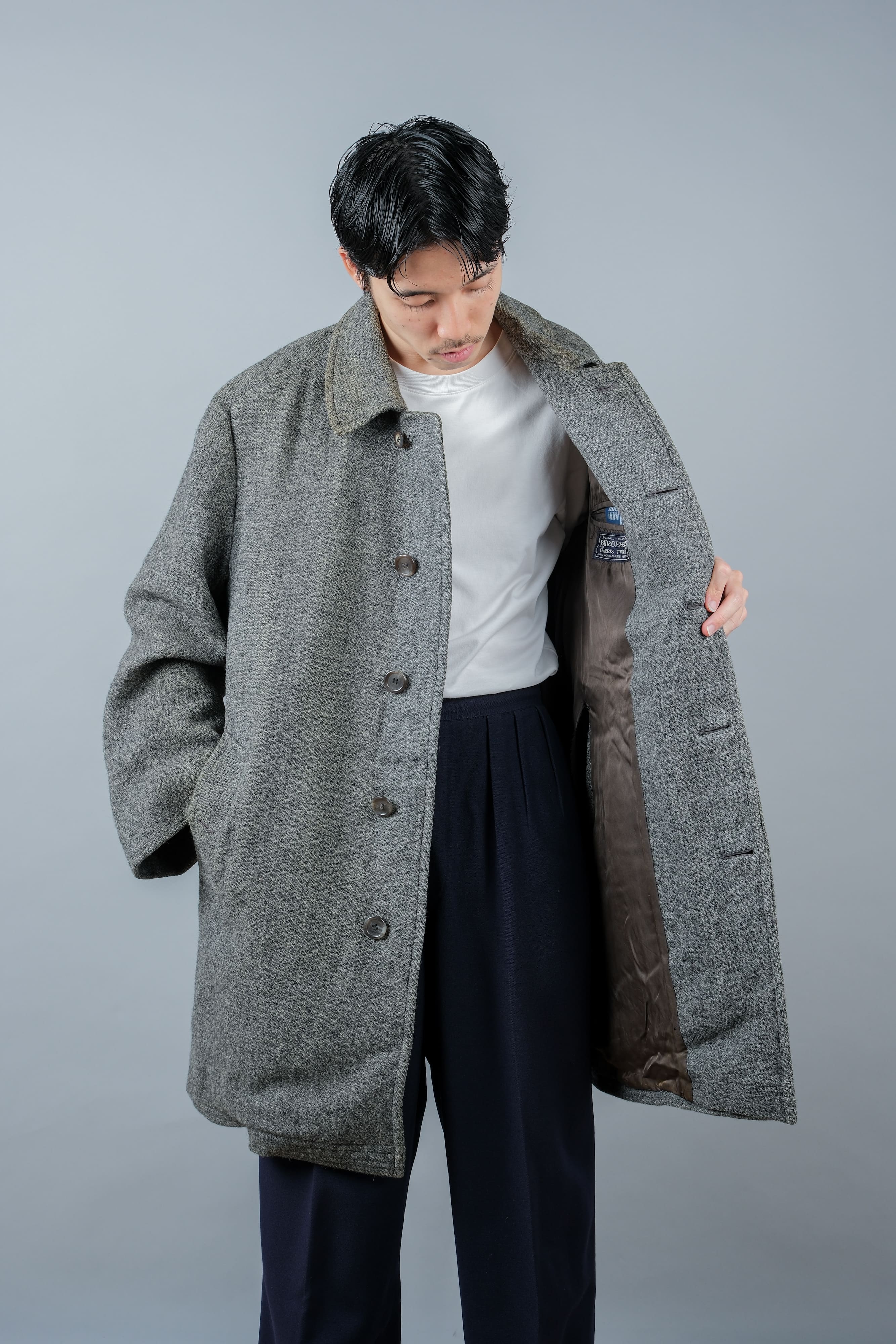【~80's】Vintage Burberrys Saddle Shoulder Wool Balmacaan Coat Size.50RL "HARRIS TWEED" "Modified"