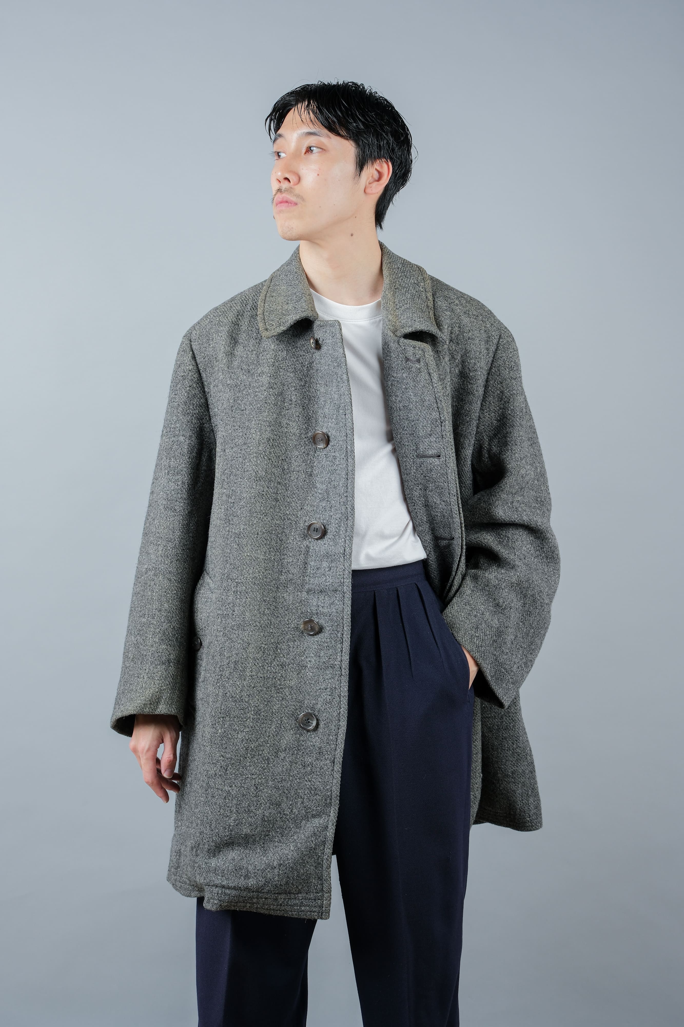 【~80's】Vintage Burberrys Saddle Shoulder Wool Balmacaan Coat Size.50RL "HARRIS TWEED" "Modified"