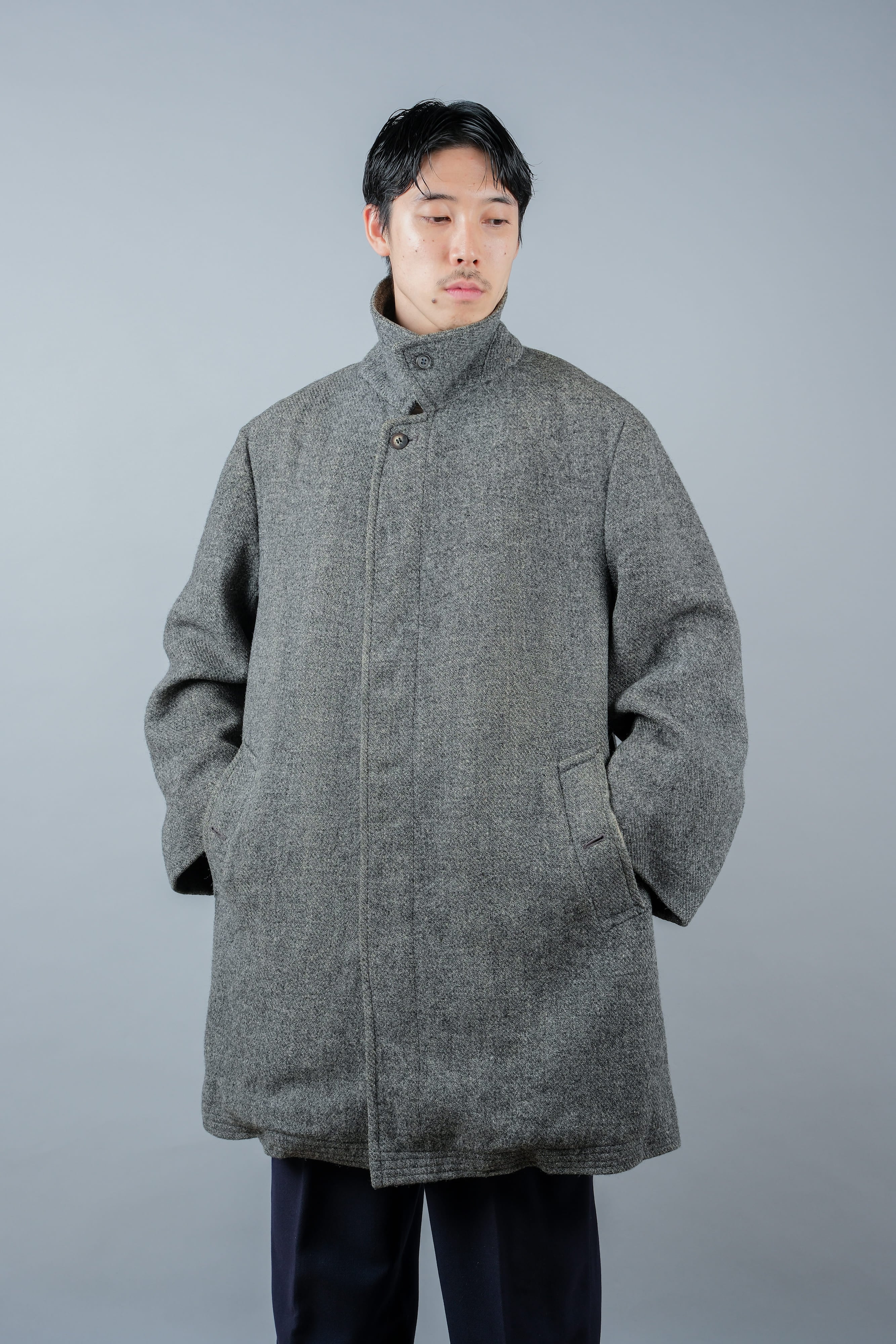 【~80's】Vintage Burberrys Saddle Shoulder Wool Balmacaan Coat Size.50RL "HARRIS TWEED" "Modified"