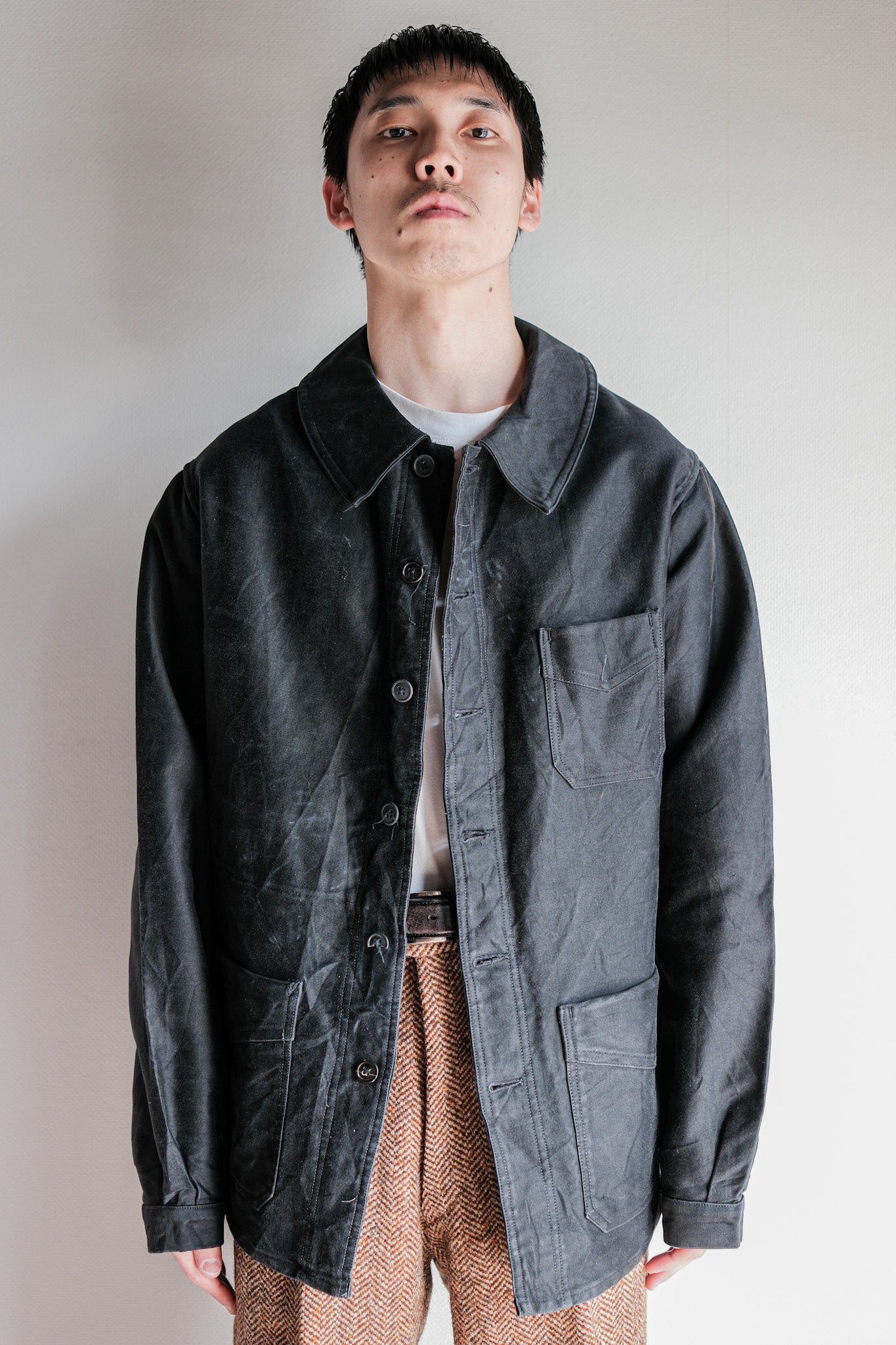 【~30's】French Vintage Black Moleskin Work Jacket "6 Buttons"