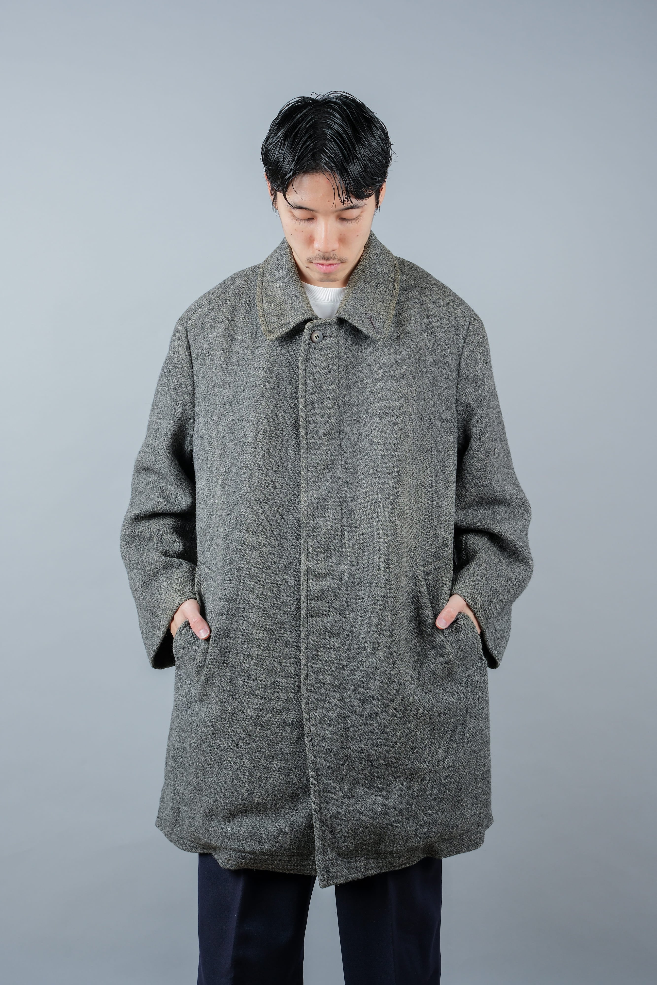 【~80's】Vintage Burberrys Saddle Shoulder Wool Balmacaan Coat Size.50RL "HARRIS TWEED" "Modified"