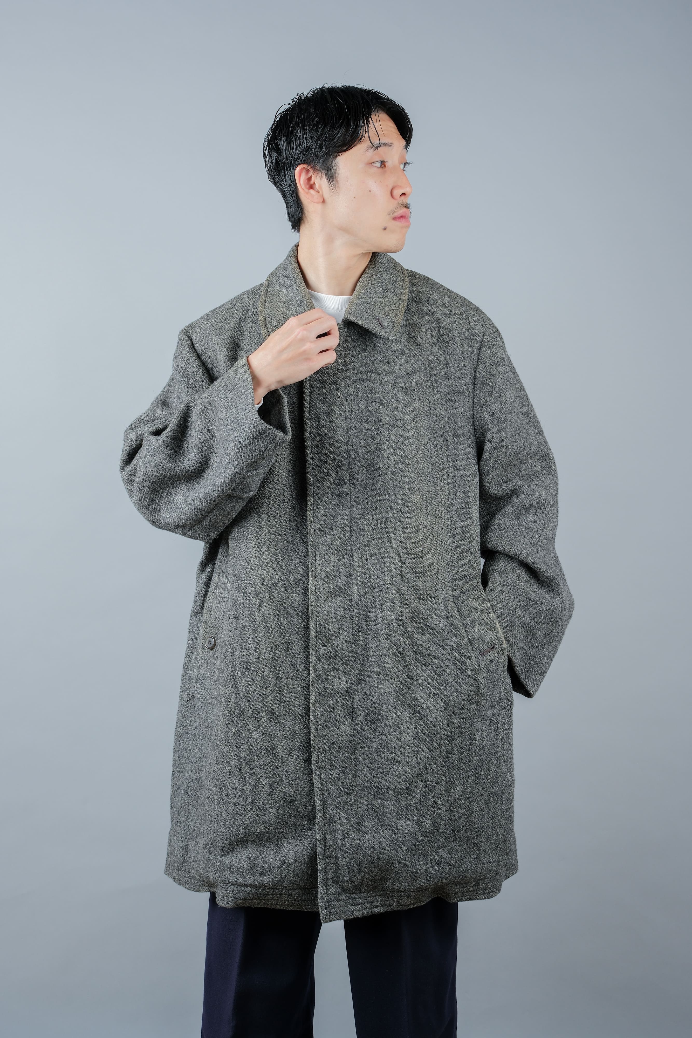 【~80's】Vintage Burberrys Saddle Shoulder Wool Balmacaan Coat Size.50RL "HARRIS TWEED" "Modified"