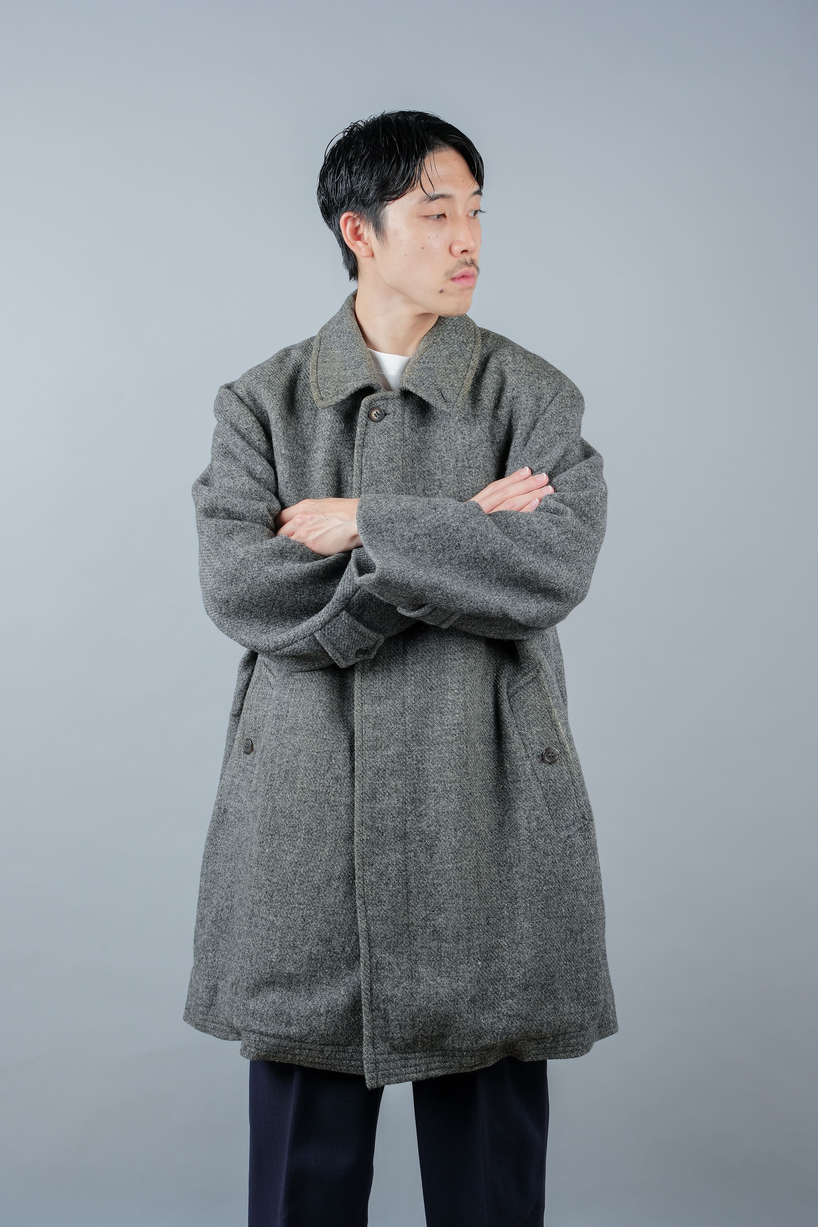 【~80's】Vintage Burberrys Saddle Shoulder Wool Balmacaan Coat Size.50RL "HARRIS TWEED" "Modified"