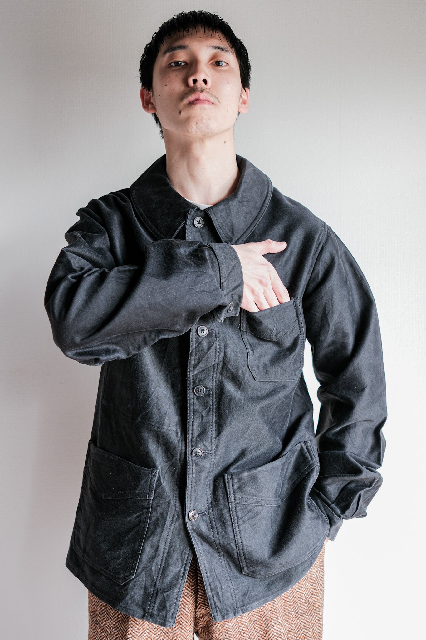 【~30's】French Vintage Black Moleskin Work Jacket "6 Buttons"