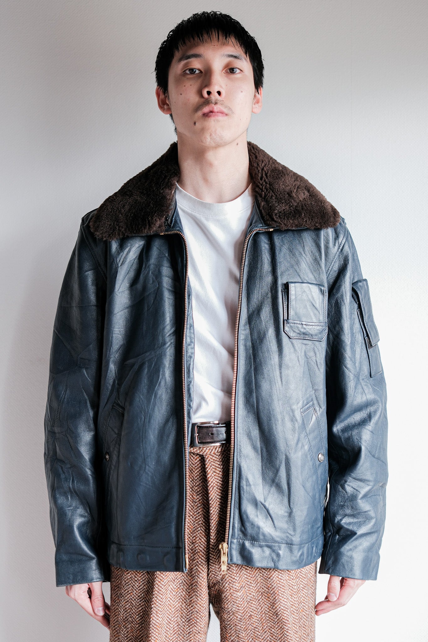 【~70's】French Air Force Pilot Leather Jacket With Chin Strap Size.96L "Full Set"