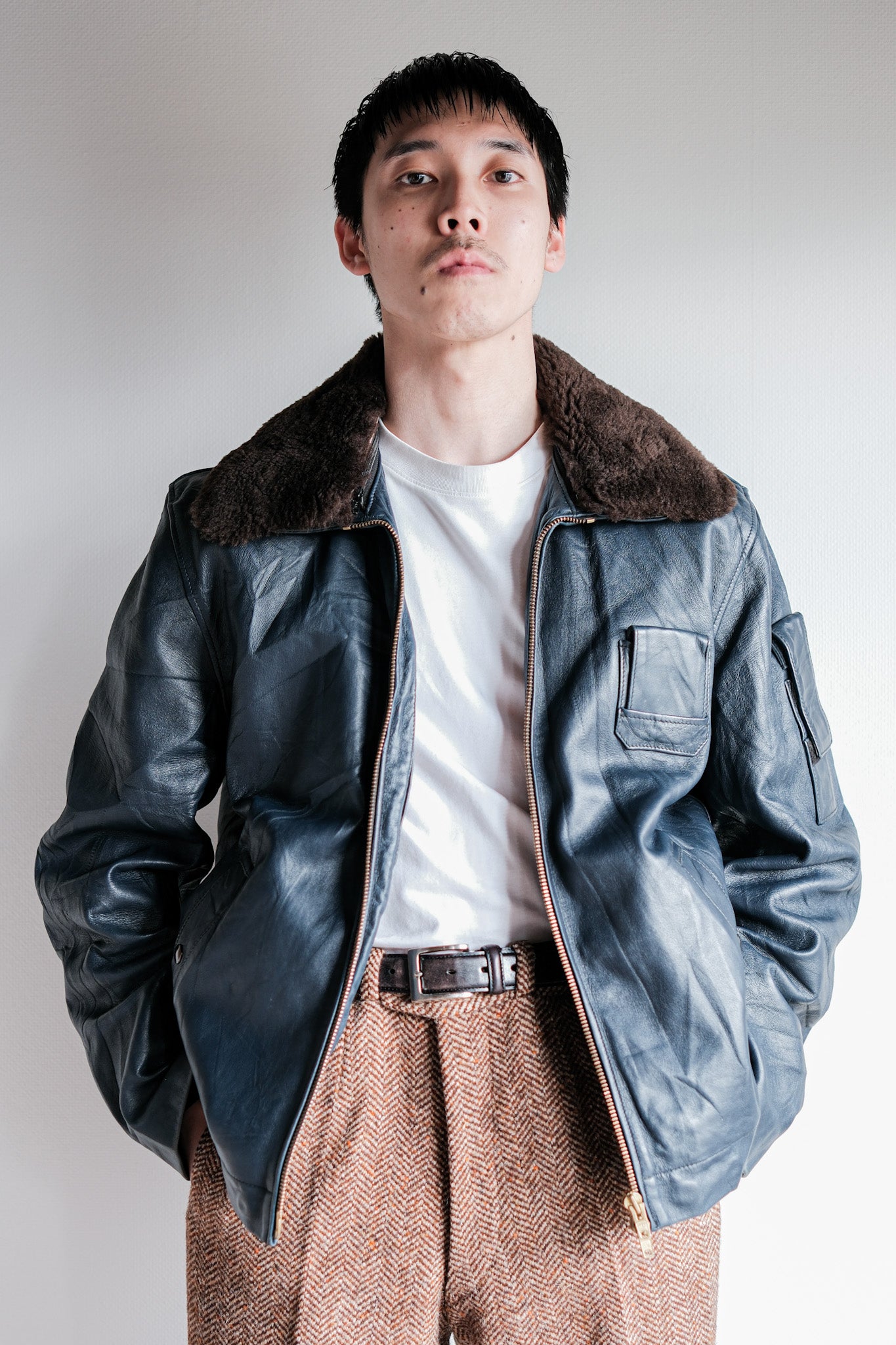 【~70's】French Air Force Pilot Leather Jacket With Chin Strap Size.96L "Full Set"