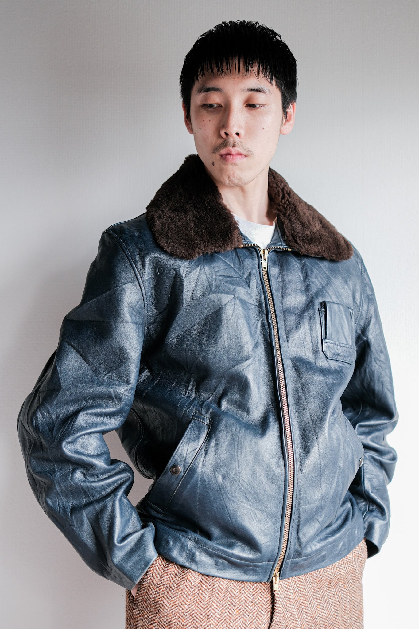 【~70's】French Air Force Pilot Leather Jacket With Chin Strap Size.96L "Full Set"