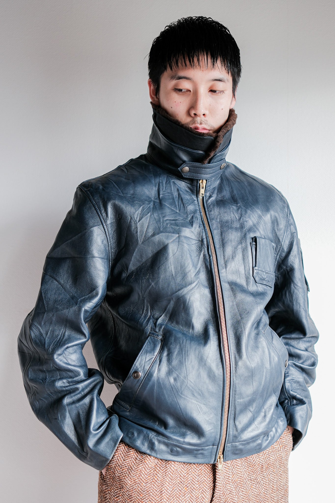 【~70's】French Air Force Pilot Leather Jacket With Chin Strap Size.96L "Full Set"