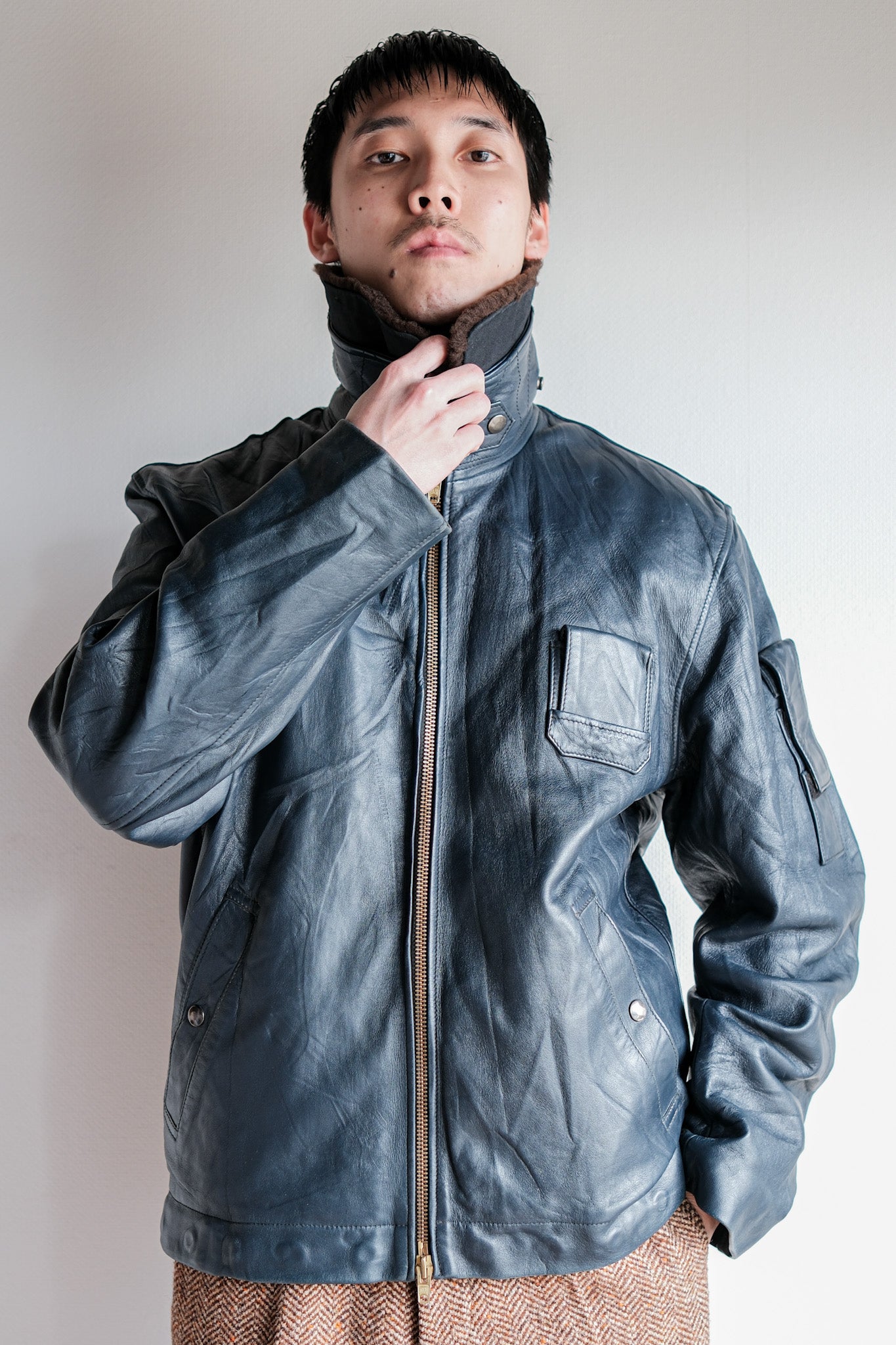 【~70's】French Air Force Pilot Leather Jacket With Chin Strap Size.96L "Full Set"