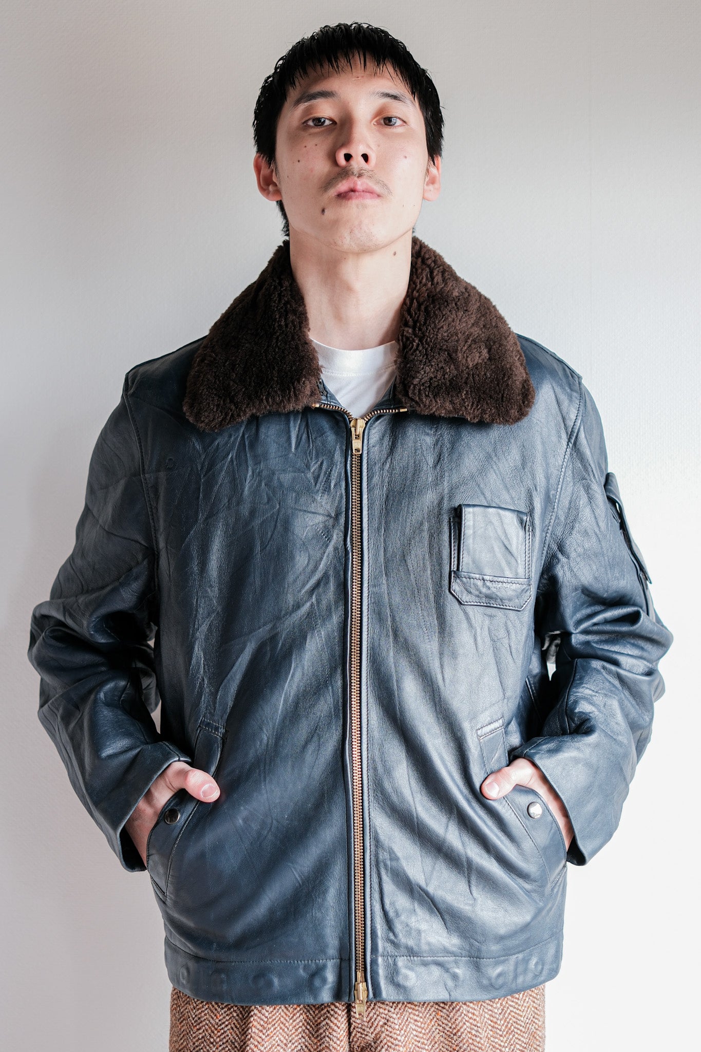 【~70's】French Air Force Pilot Leather Jacket With Chin Strap Size.96L "Full Set"