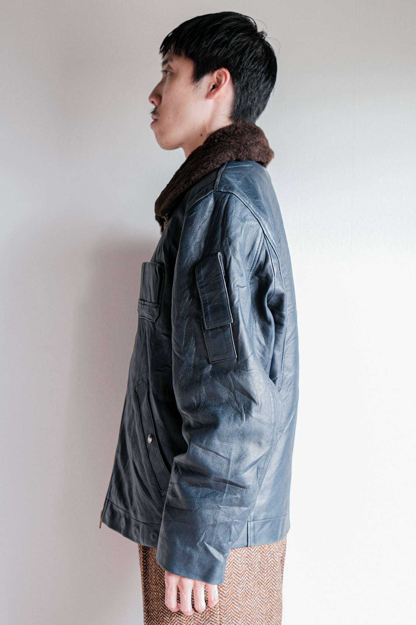 【~70's】French Air Force Pilot Leather Jacket With Chin Strap Size.96L "Full Set"