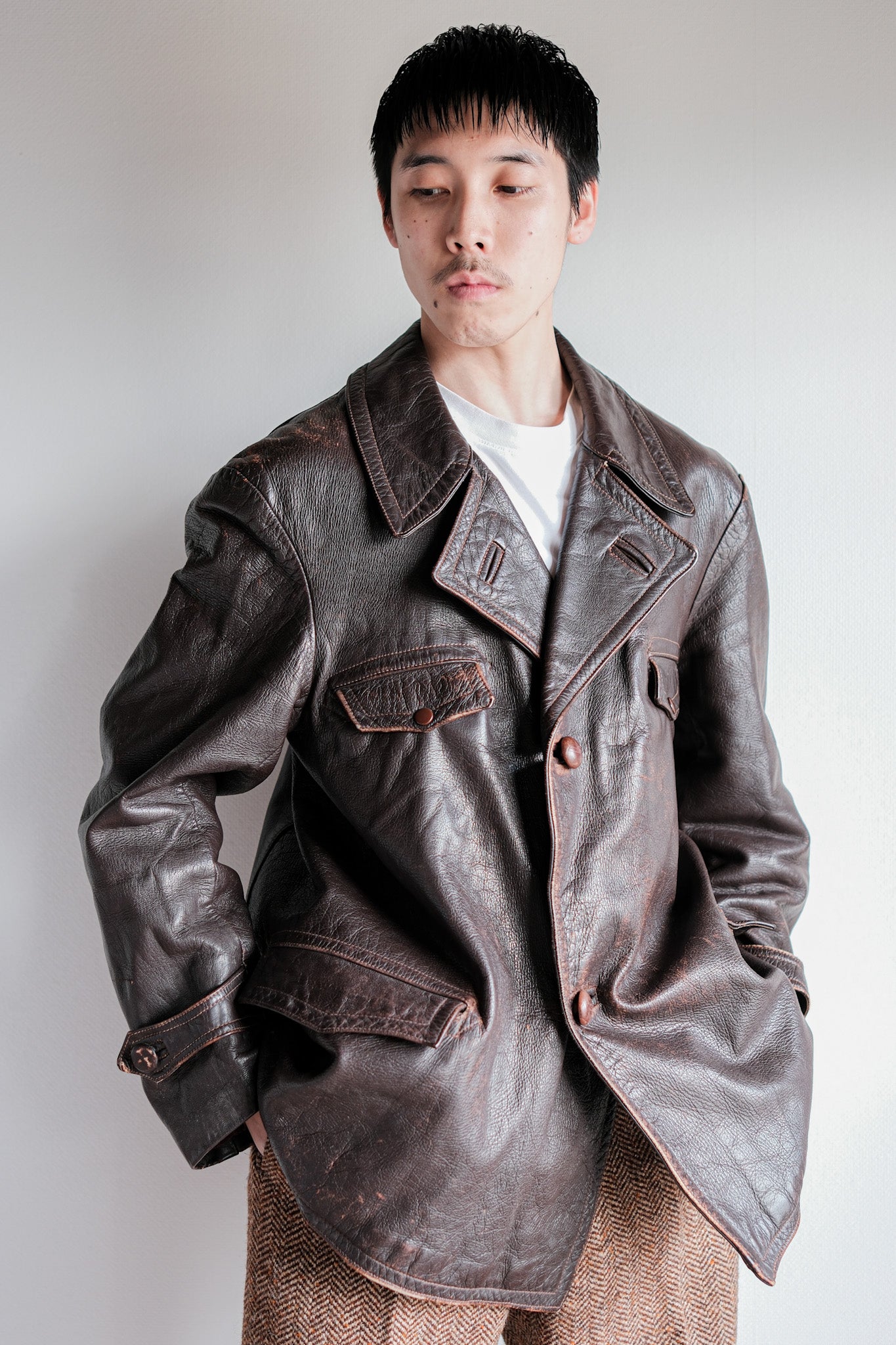 【~40's】French Vintage Brown Leather Jacket