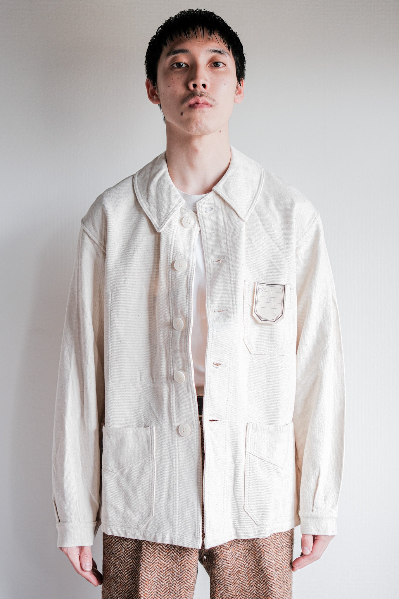 【~40's】French Vintage White Cotton Twill Work Jacket Size.50 "Dead Stock"