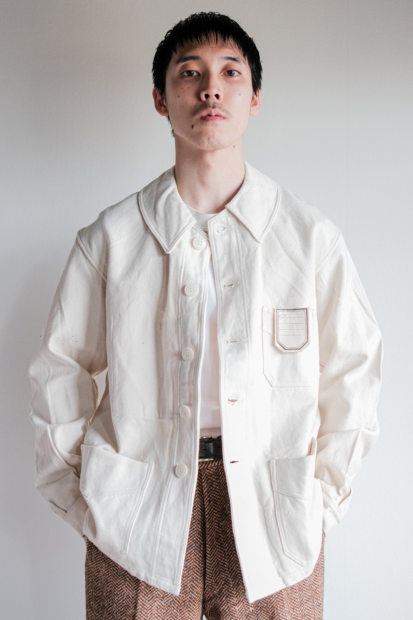 【~40's】French Vintage White Cotton Twill Work Jacket Size.50 "Dead Stock"