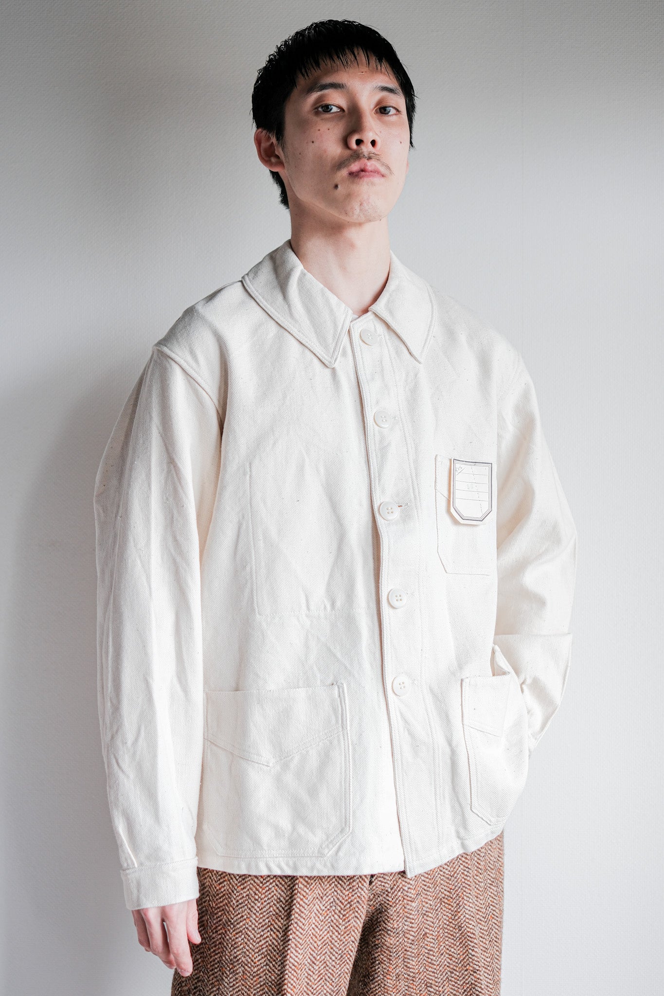 【~40's】French Vintage White Cotton Twill Work Jacket Size.50 "Dead Stock"