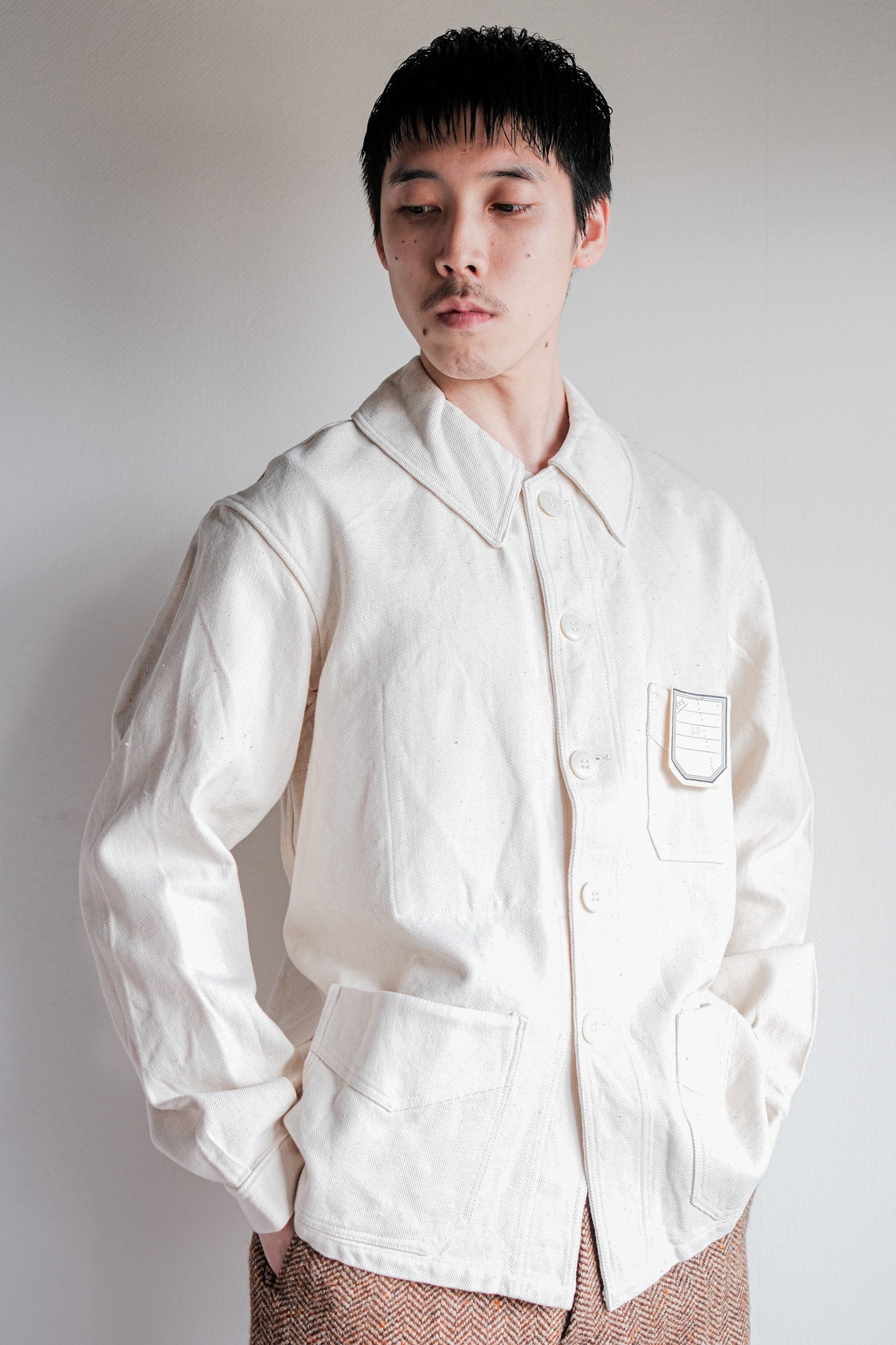 【~40's】French Vintage White Cotton Twill Work Jacket Size.50 "Dead Stock"