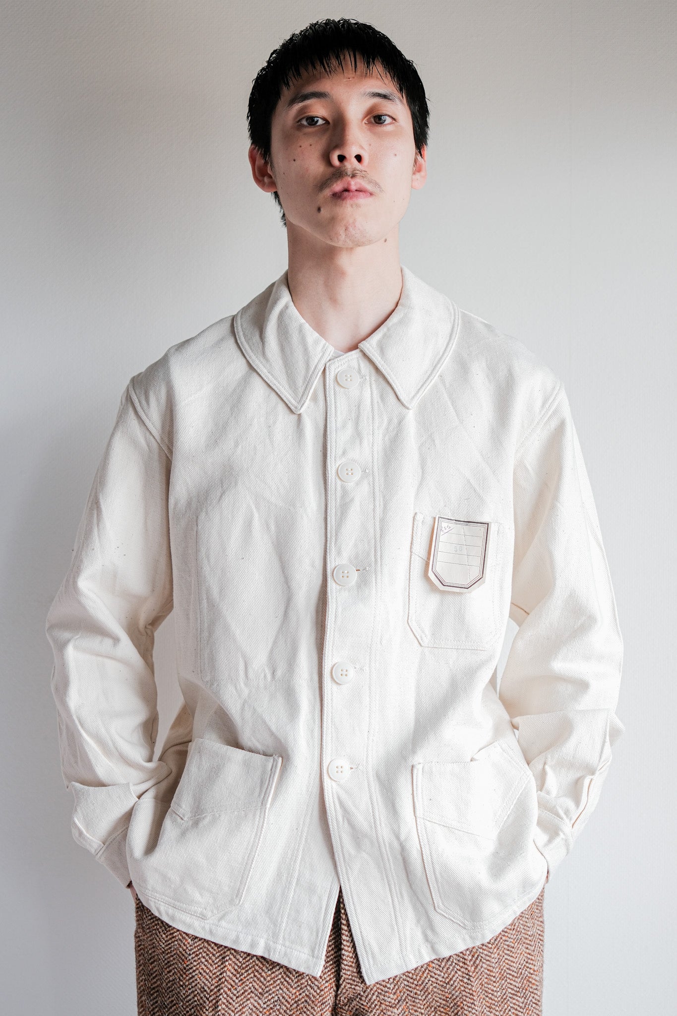 【~40's】French Vintage White Cotton Twill Work Jacket Size.50 "Dead Stock"
