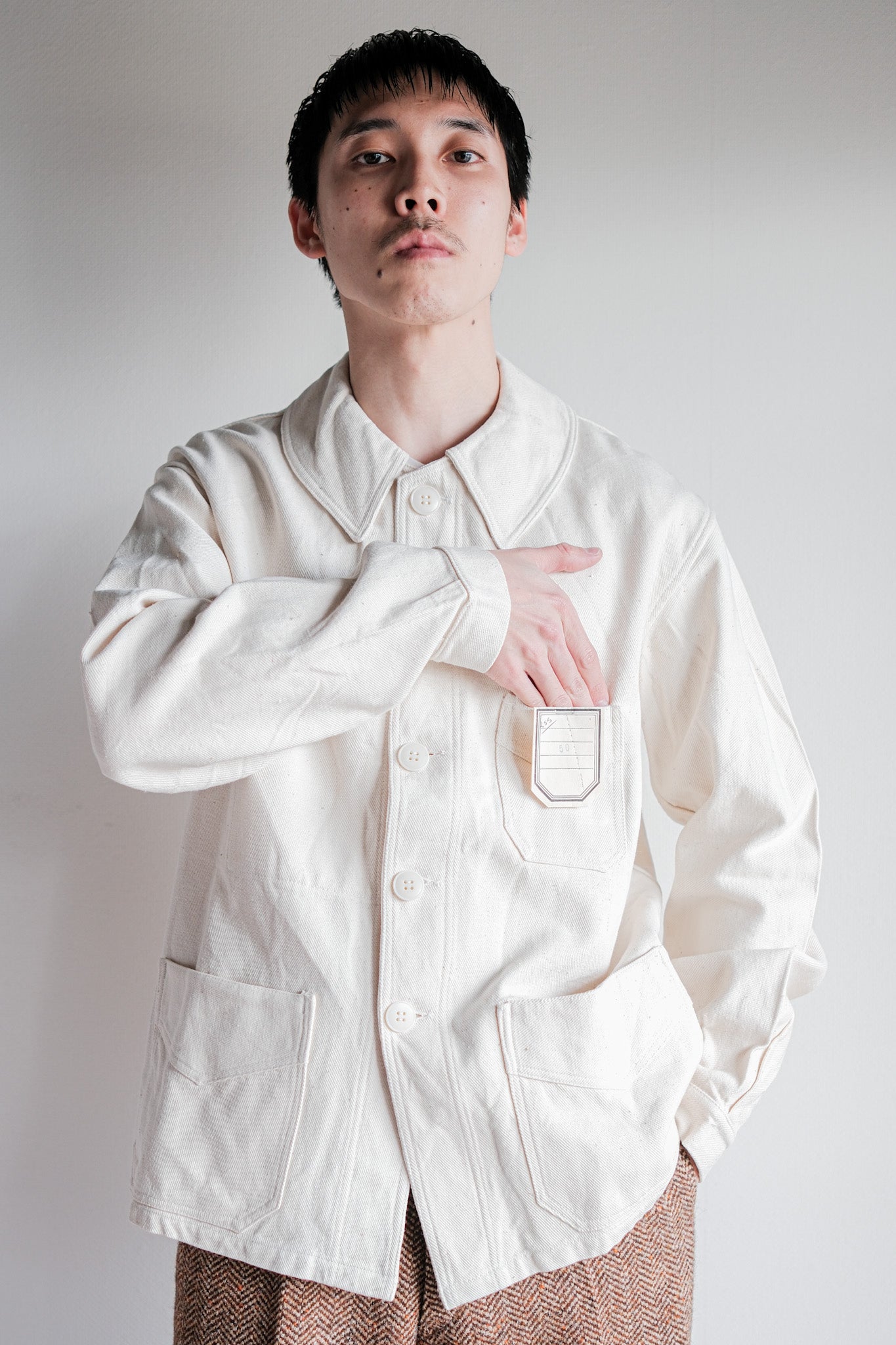 【~40's】French Vintage White Cotton Twill Work Jacket Size.50 "Dead Stock"