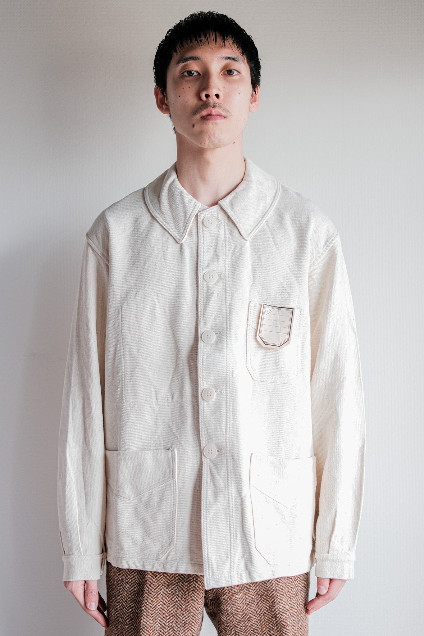 【~40's】French Vintage White Cotton Twill Work Jacket Size.50 "Dead Stock"