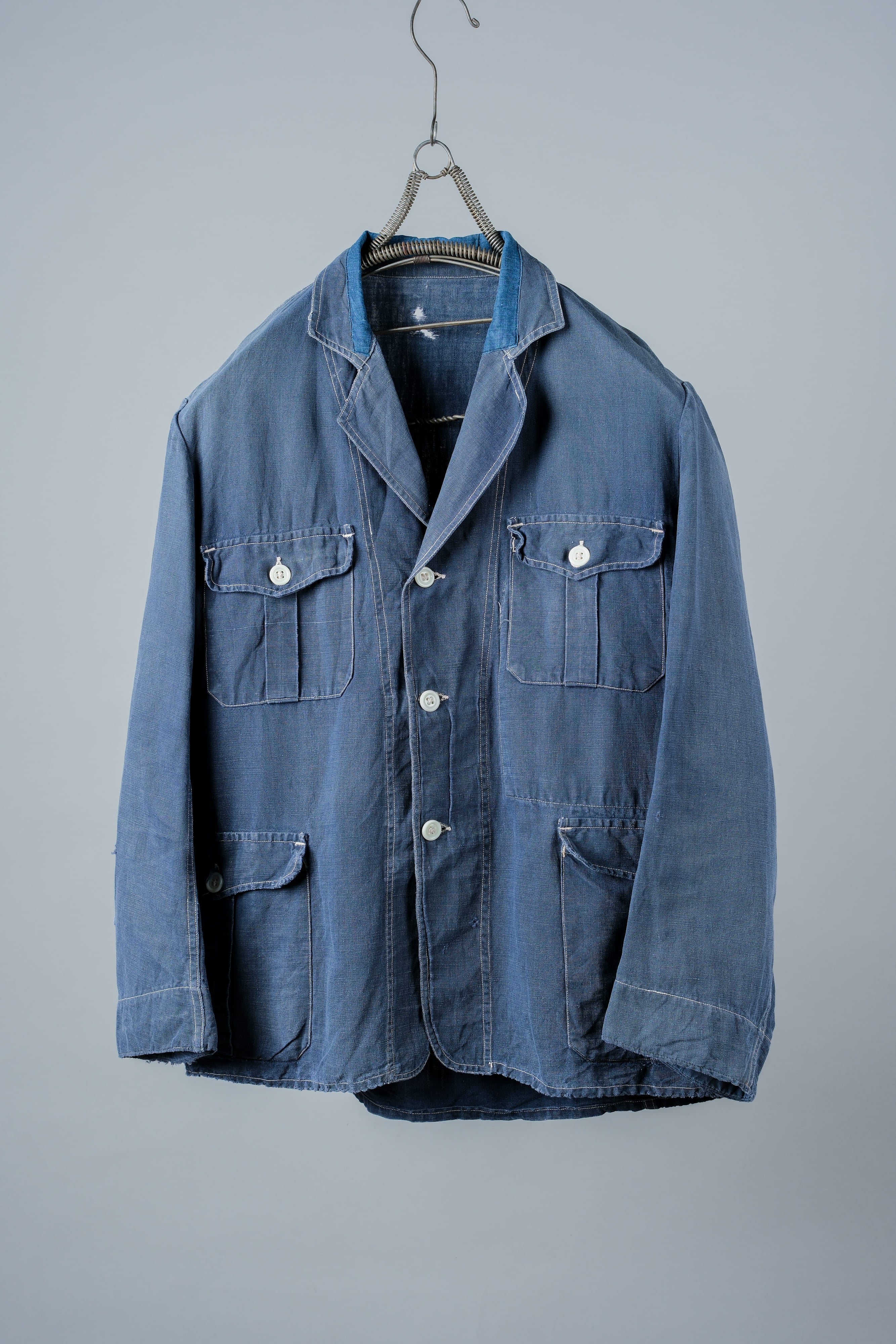 【~30’s】French Vintage Indigo Linen 4 Pockets Lapel Work Jacket