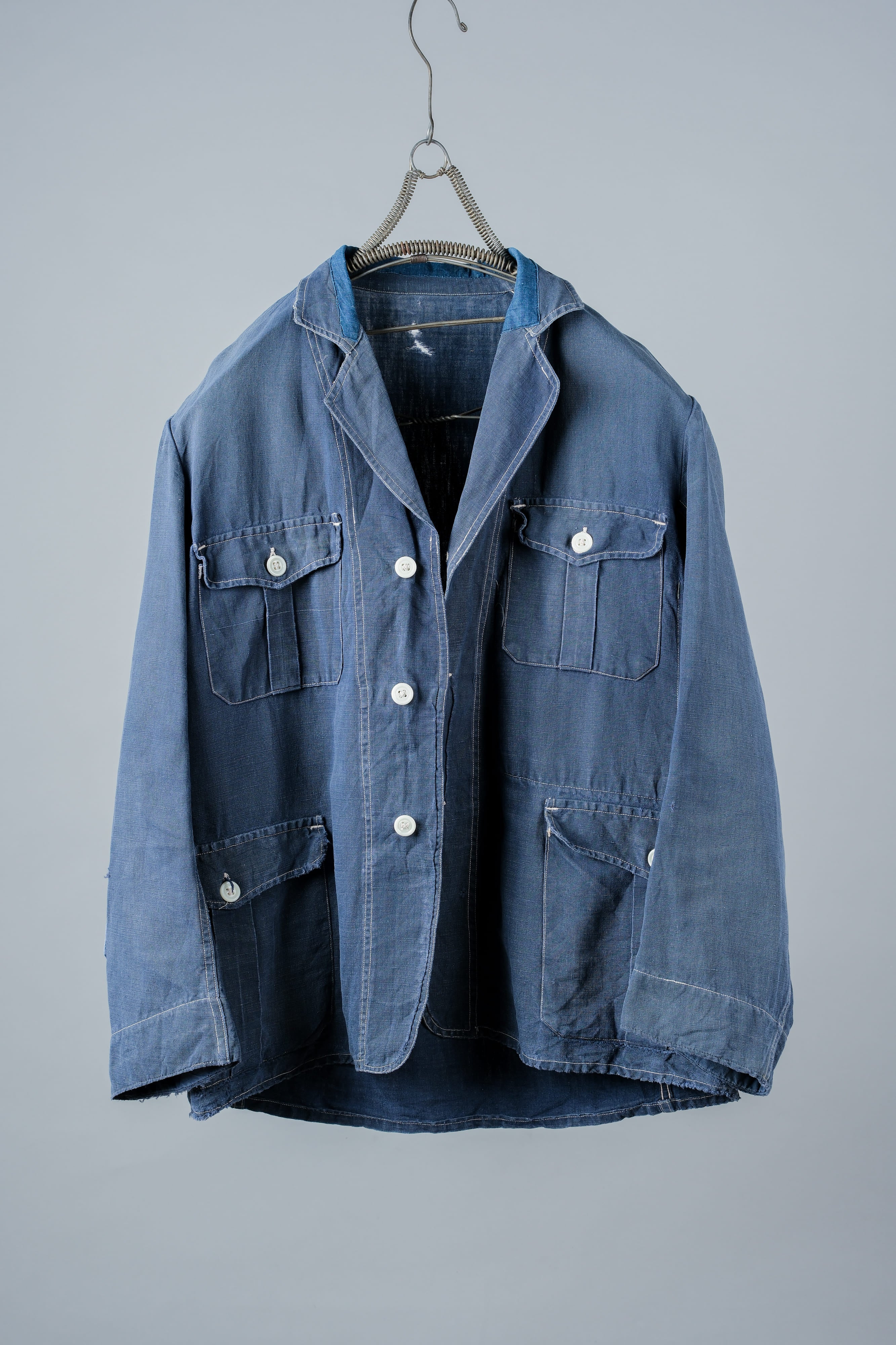 【~30’s】French Vintage Indigo Linen 4 Pockets Lapel Work Jacket