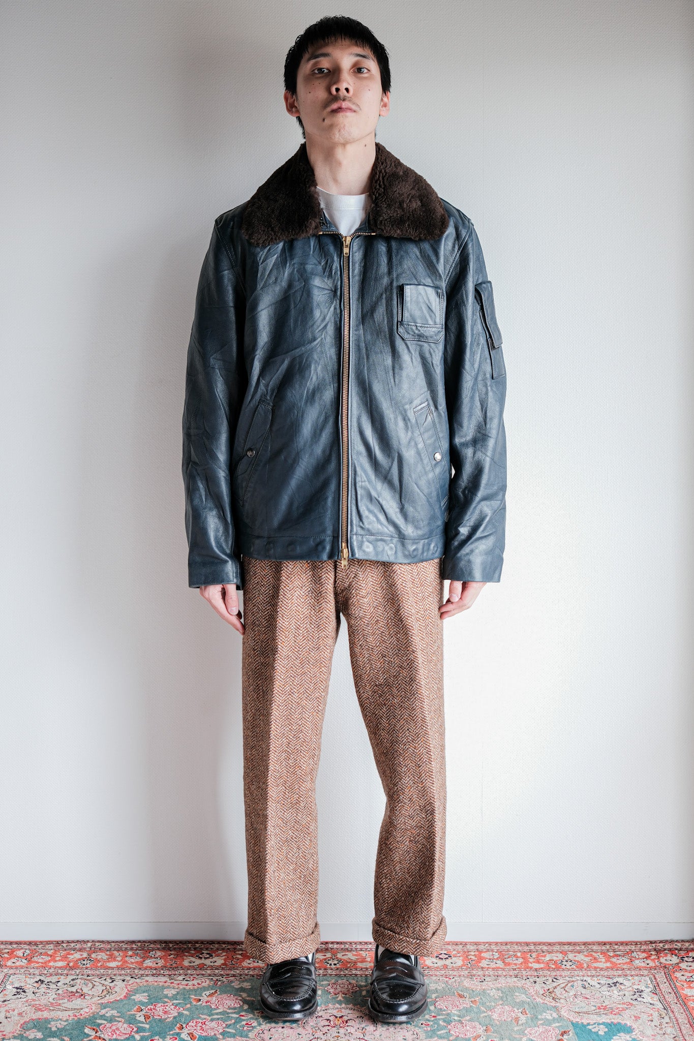 【~70's】French Air Force Pilot Leather Jacket With Chin Strap Size.96L "Full Set"