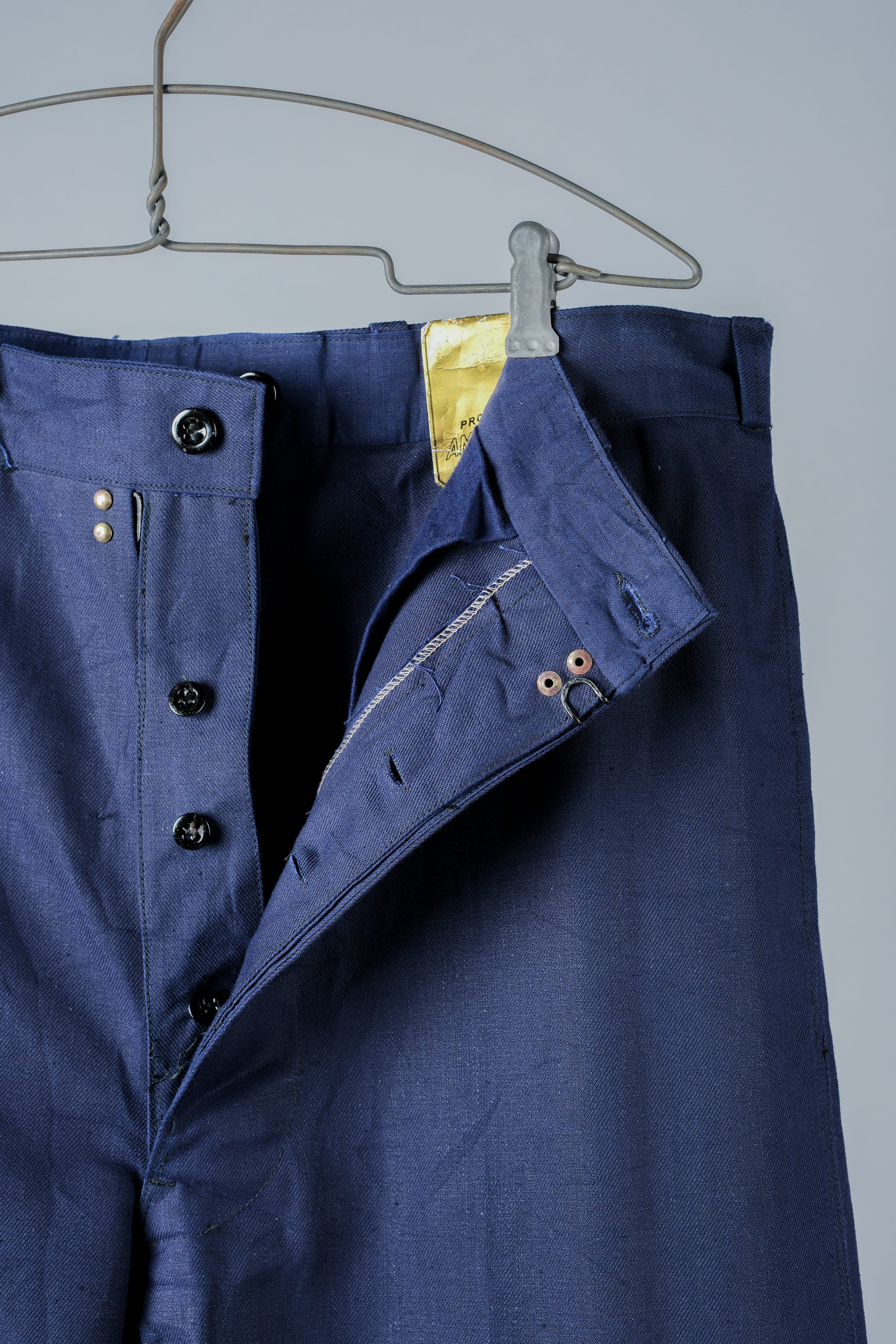 【~50's】French Vintage Blue Cotton Linen Twill Work Pants Size.48-78 "Dead Stock"