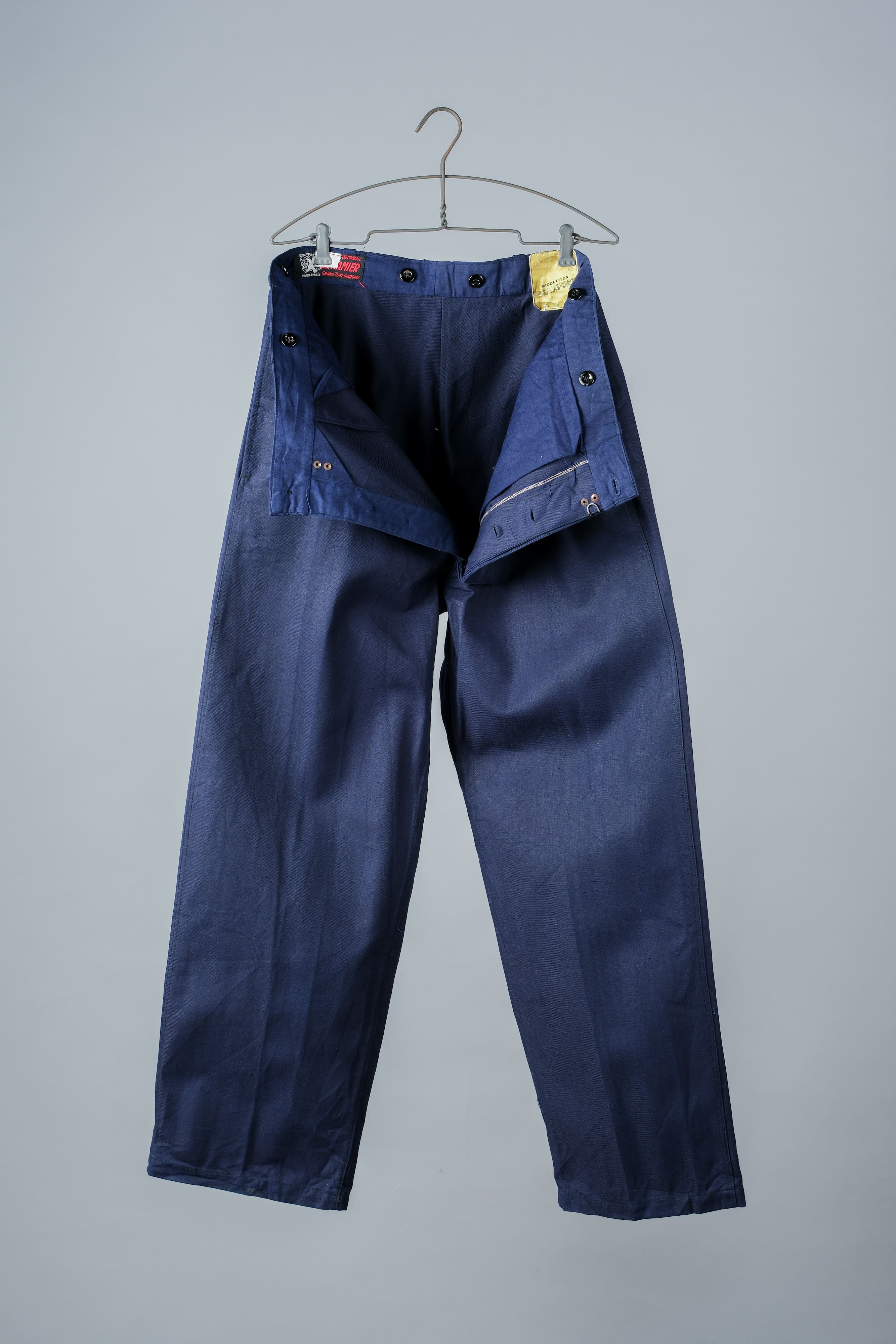【~50's】French Vintage Blue Cotton Linen Twill Work Pants Size.48-78 "Dead Stock"