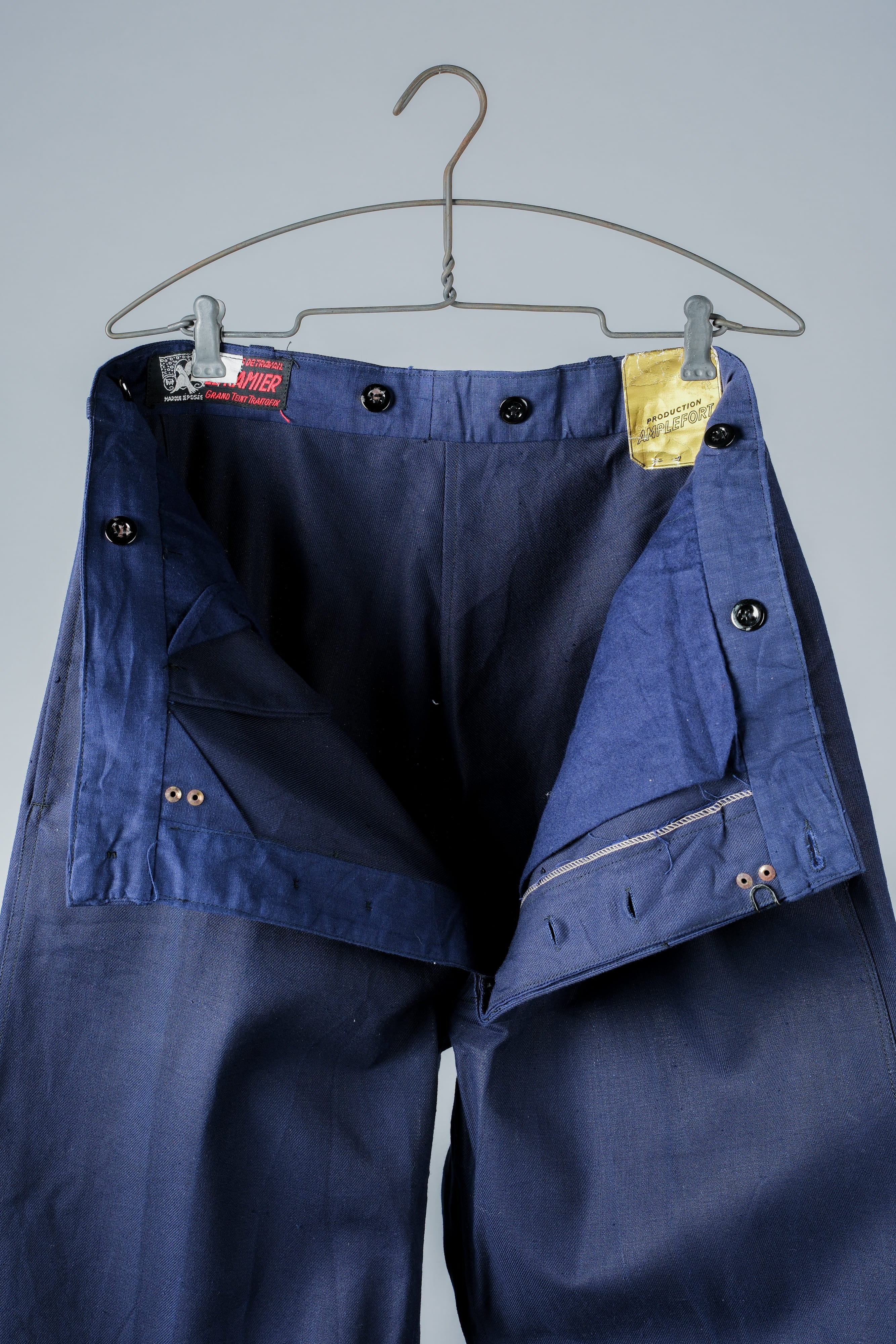 【~50's】French Vintage Blue Cotton Linen Twill Work Pants Size.48-78 "Dead Stock"