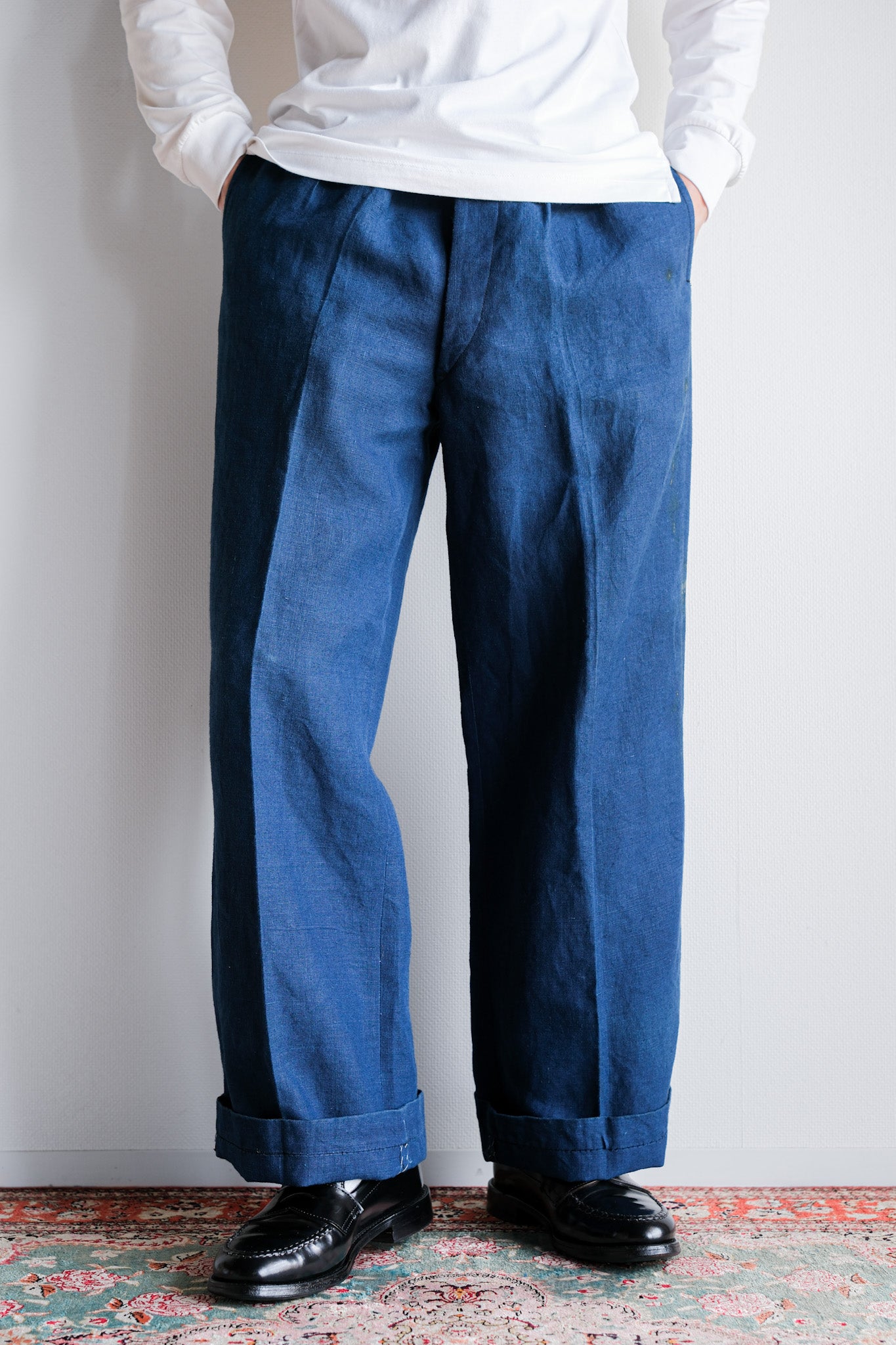 【~40's】French Navy Indigo Linen Mechanic Trousers "Marine Nationale"
