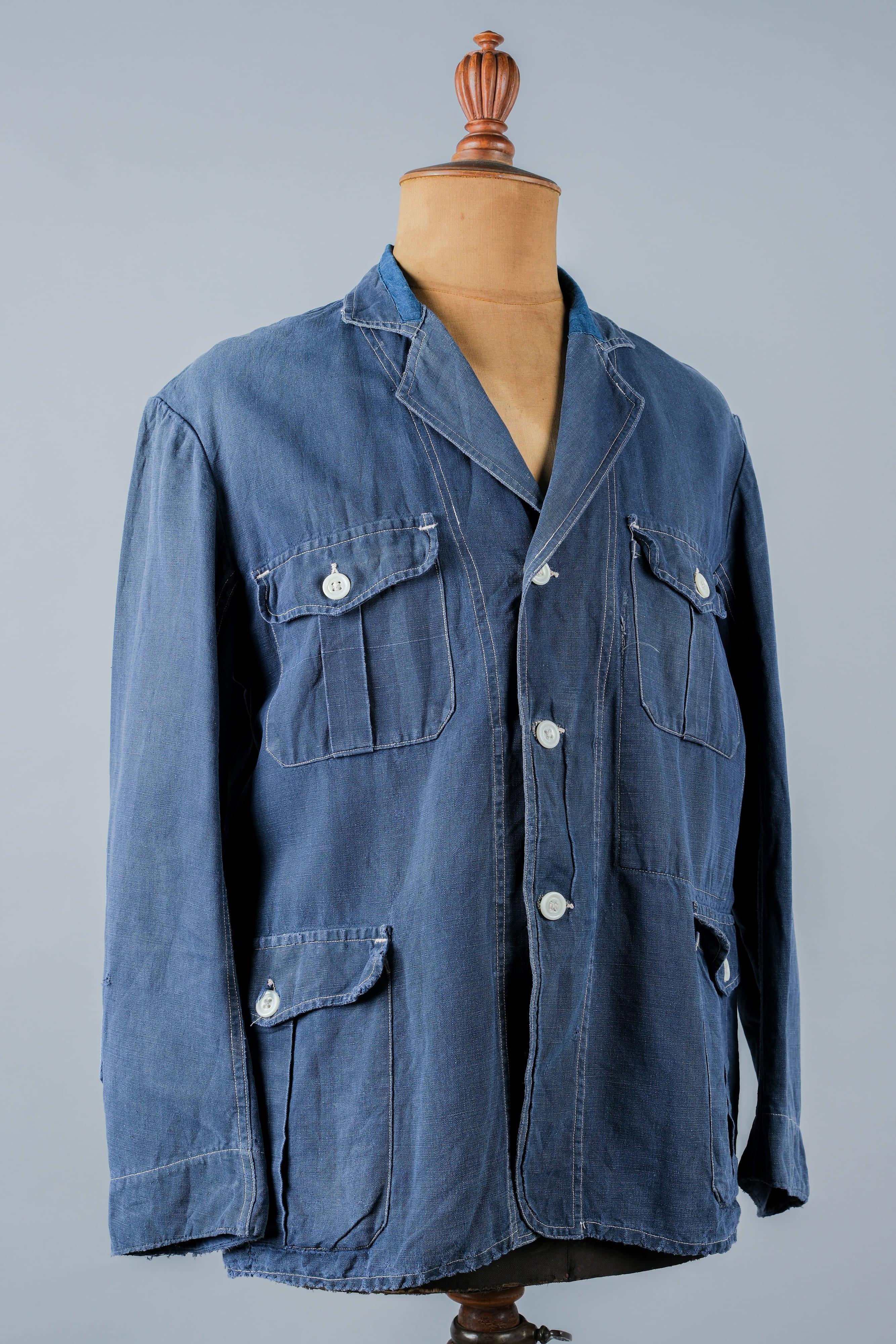 【~30’s】French Vintage Indigo Linen 4 Pockets Lapel Work Jacket
