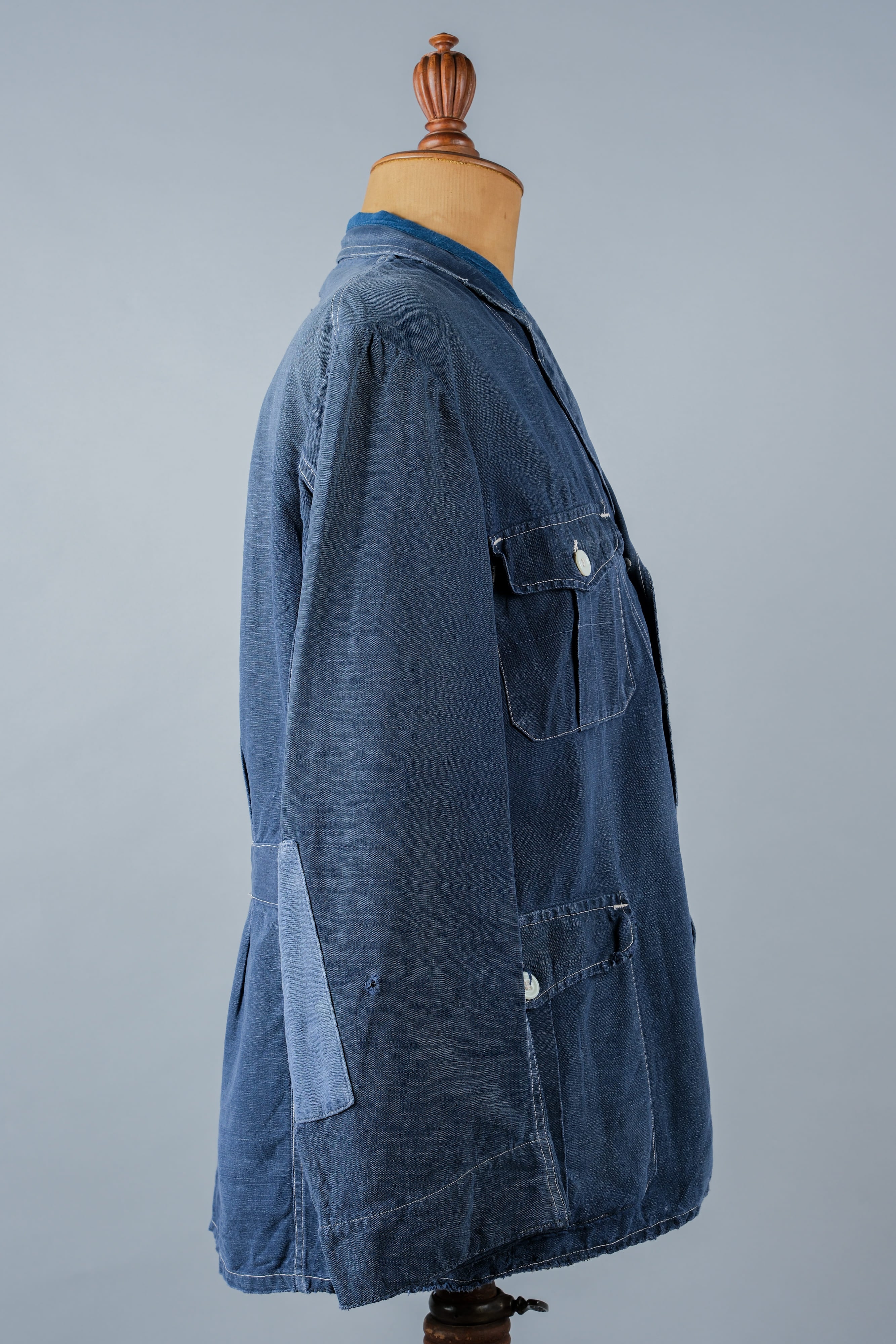 【~30’s】French Vintage Indigo Linen 4 Pockets Lapel Work Jacket