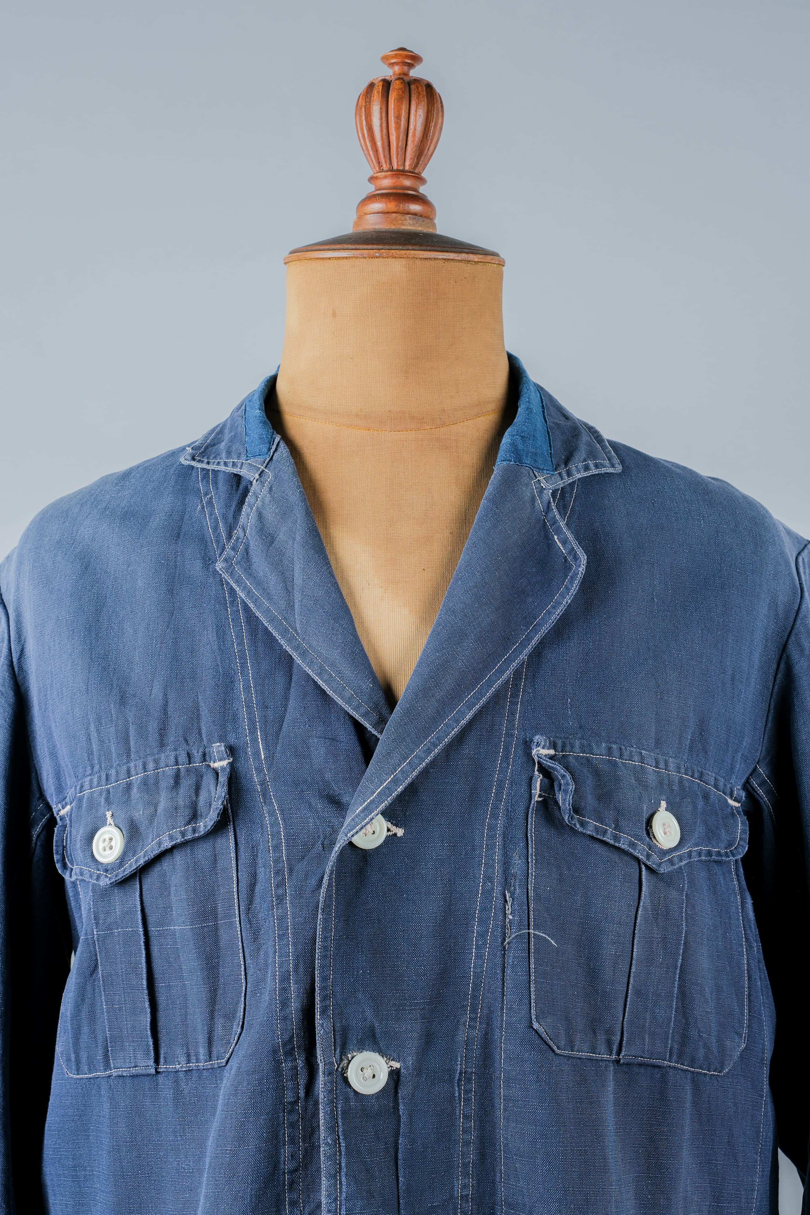 【~30’s】French Vintage Indigo Linen 4 Pockets Lapel Work Jacket