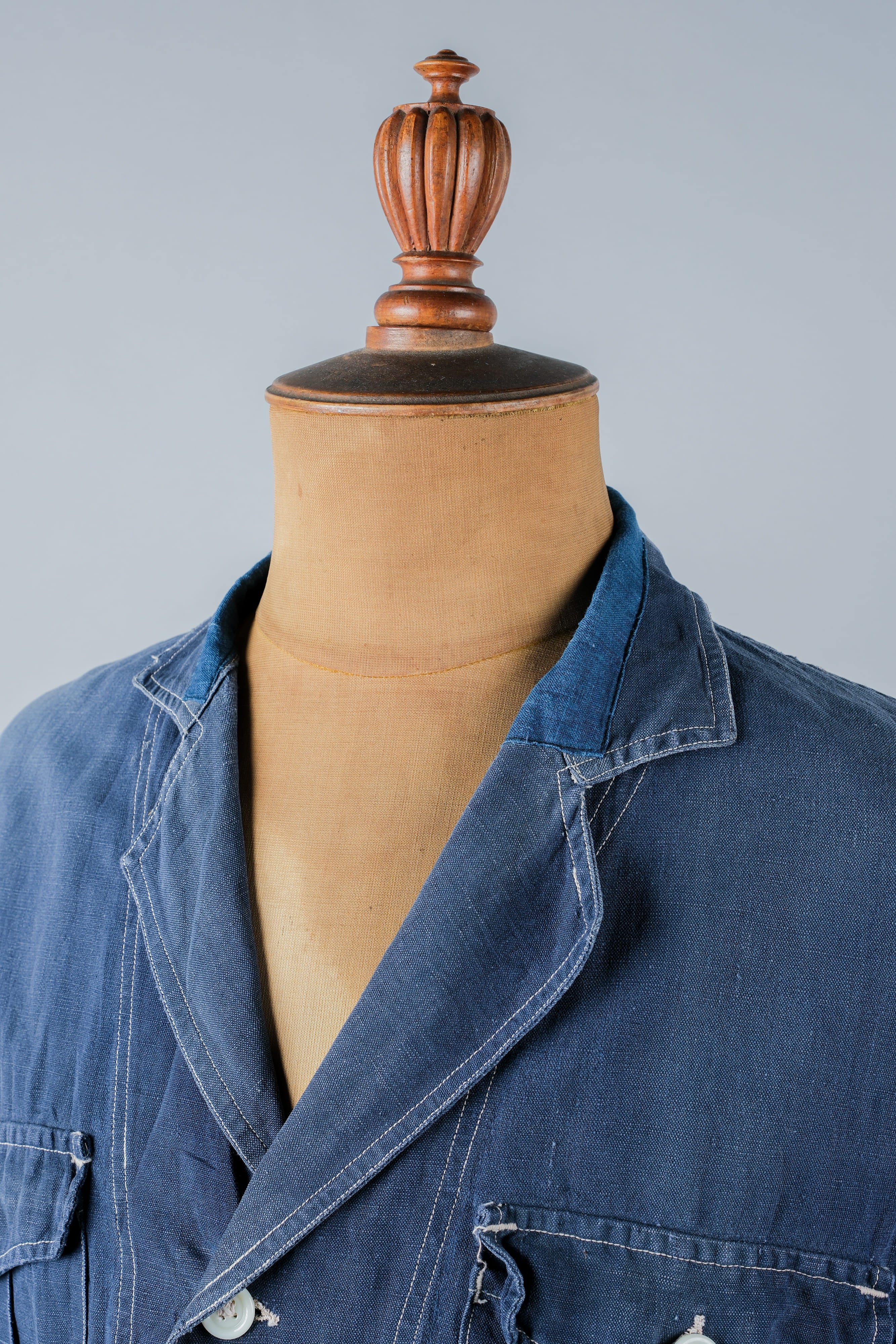 【~30’s】French Vintage Indigo Linen 4 Pockets Lapel Work Jacket