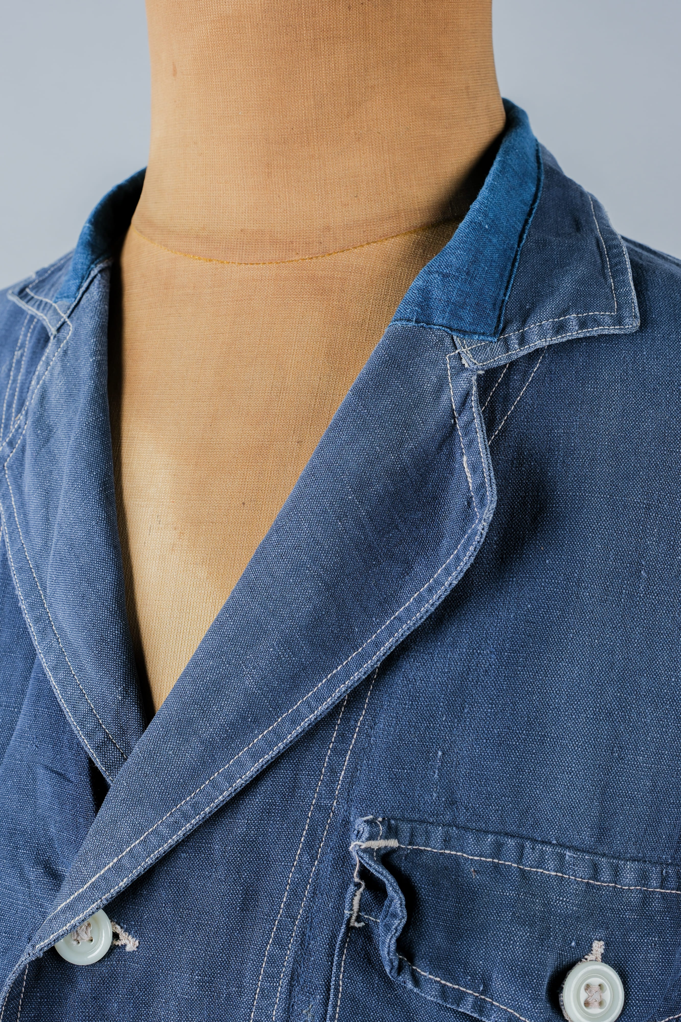 【~30’s】French Vintage Indigo Linen 4 Pockets Lapel Work Jacket