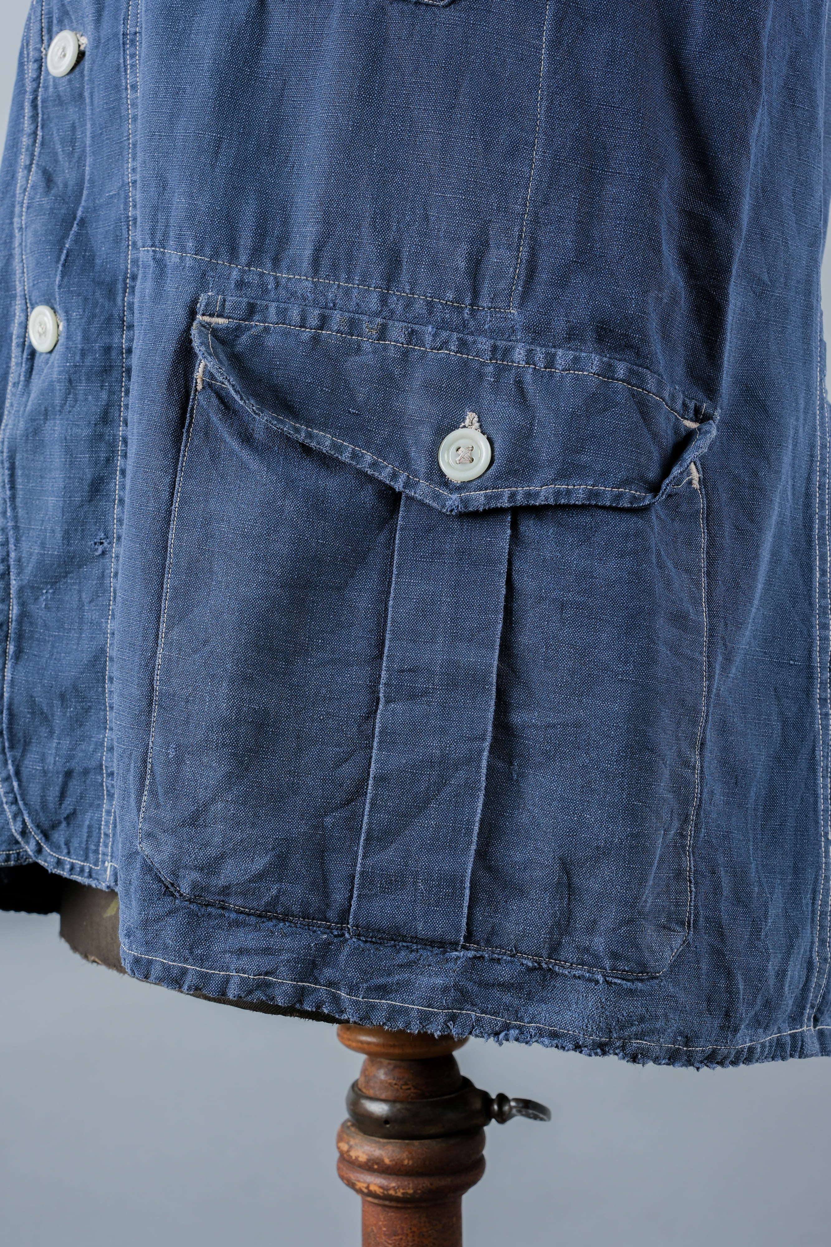 【~30’s】French Vintage Indigo Linen 4 Pockets Lapel Work Jacket