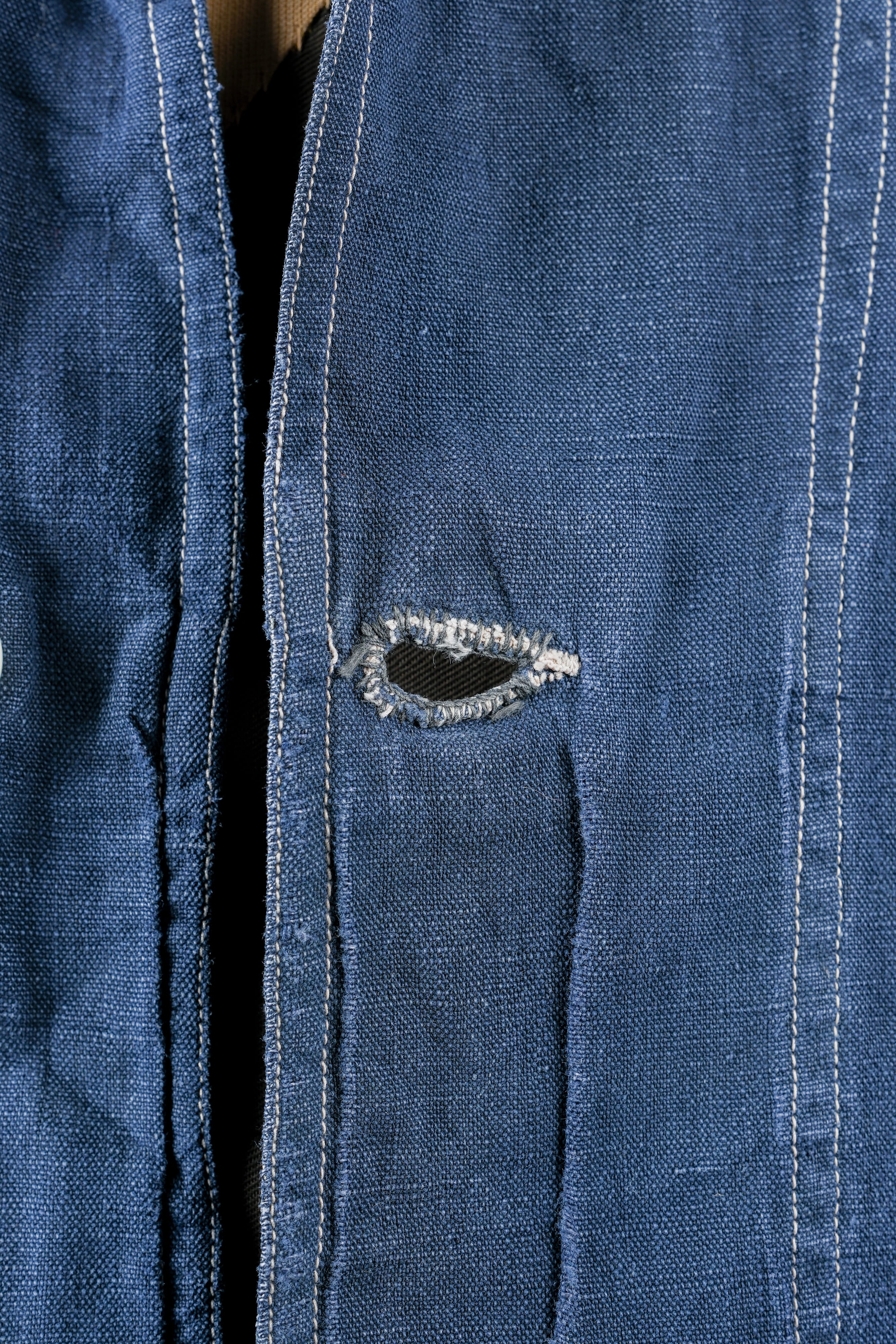 【~30’s】French Vintage Indigo Linen 4 Pockets Lapel Work Jacket