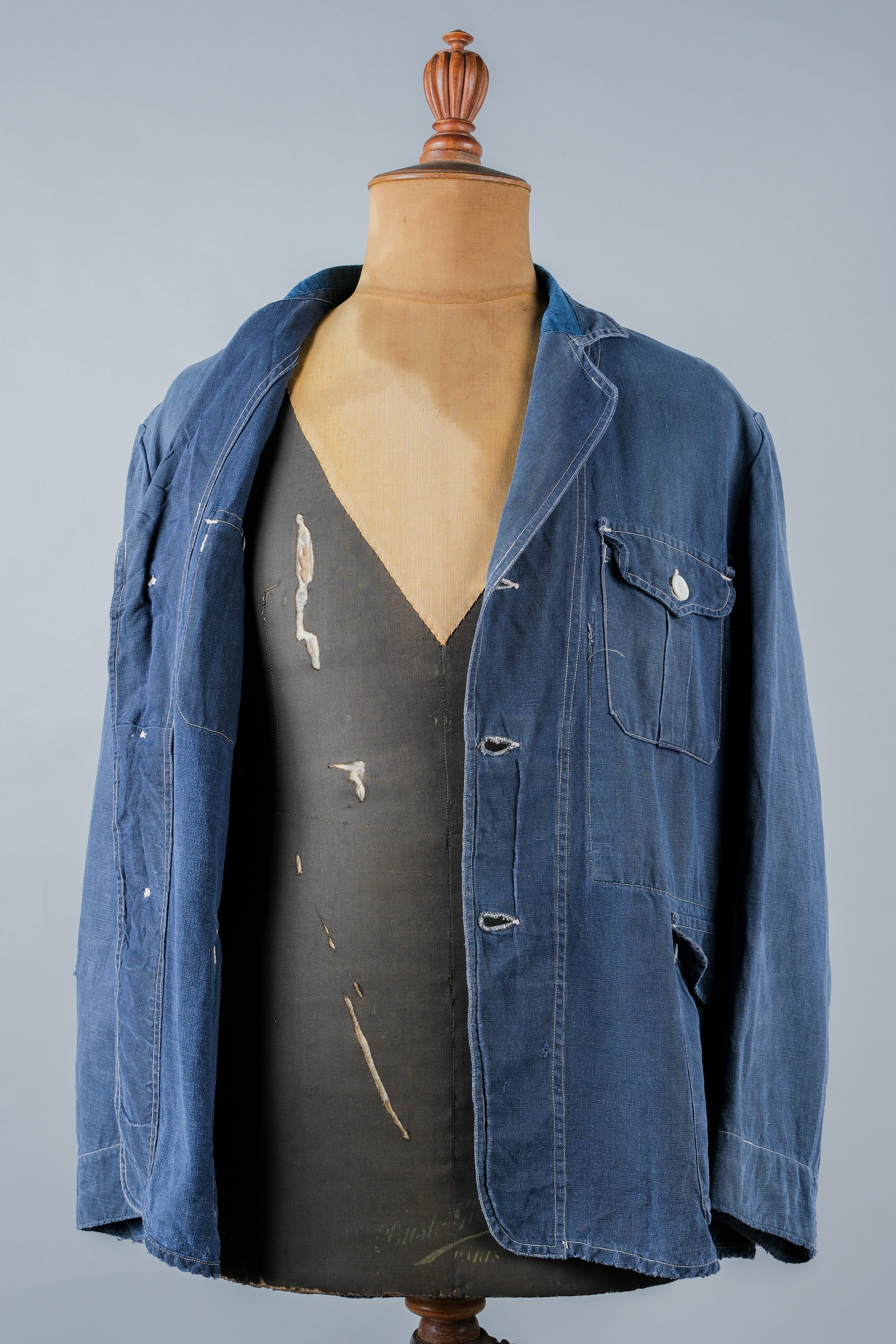 【~30’s】French Vintage Indigo Linen 4 Pockets Lapel Work Jacket