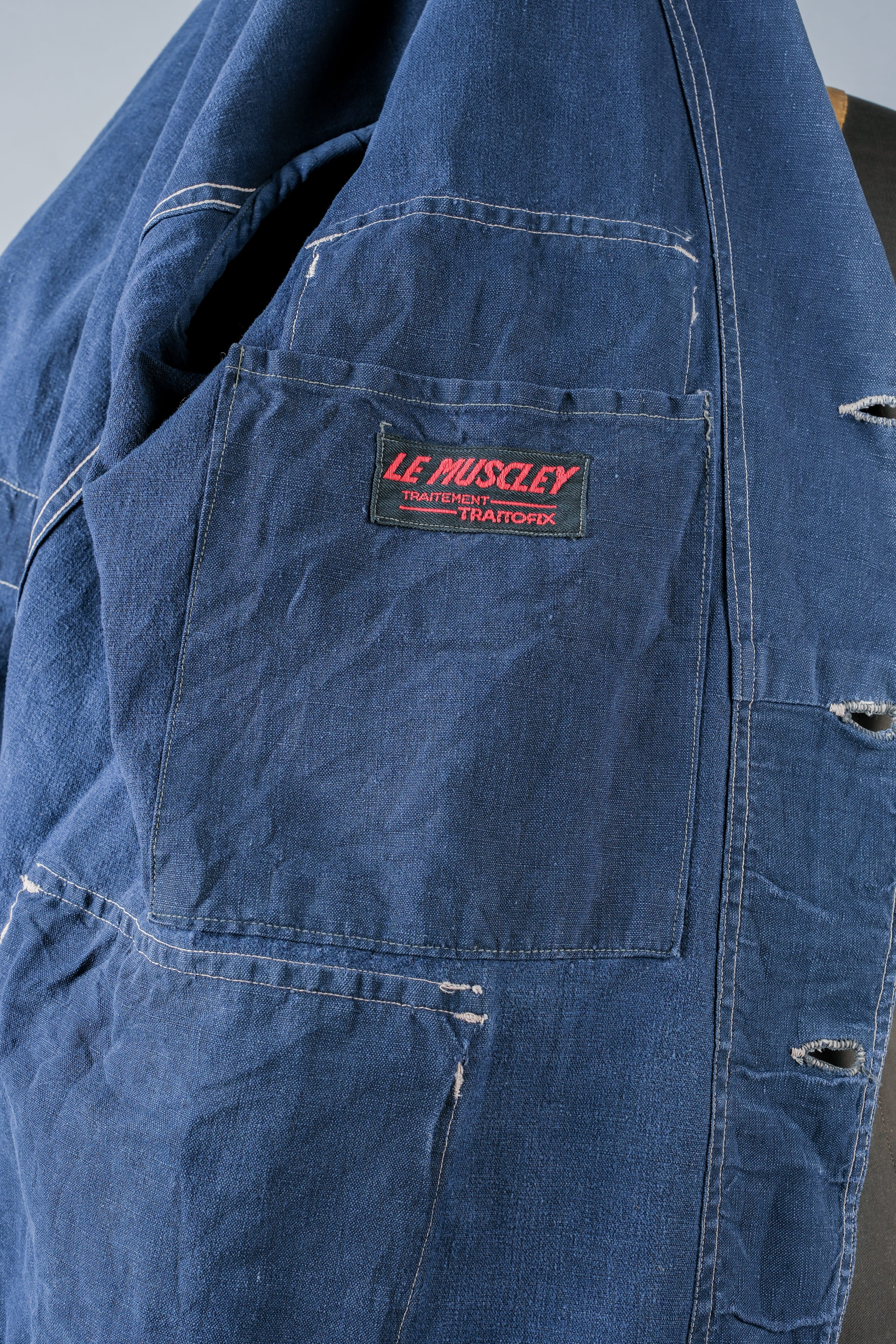 【~30’s】French Vintage Indigo Linen 4 Pockets Lapel Work Jacket