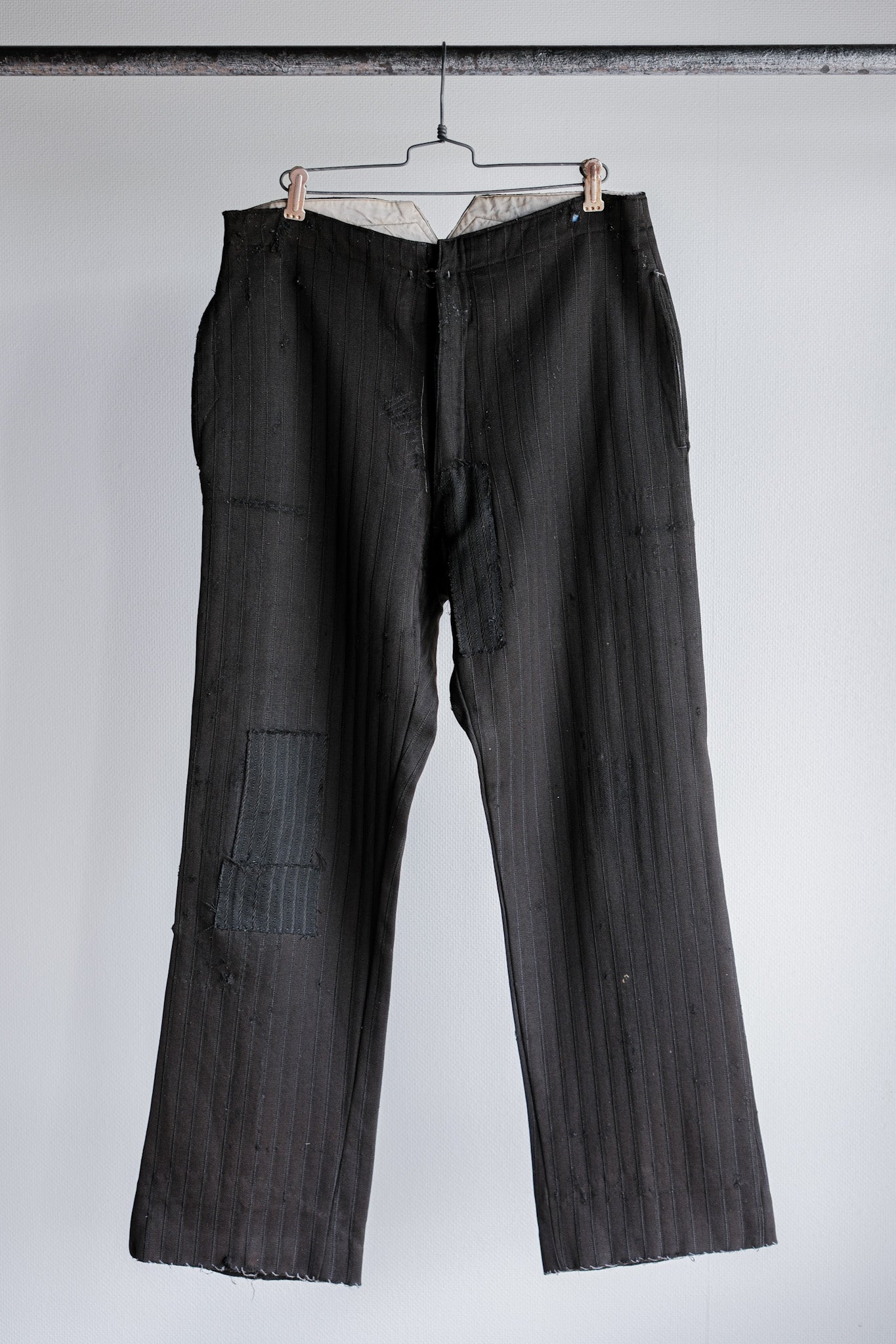 【~20's】French Vintage Black Wool Striped Work Pants "Indigo Cotton Lining"