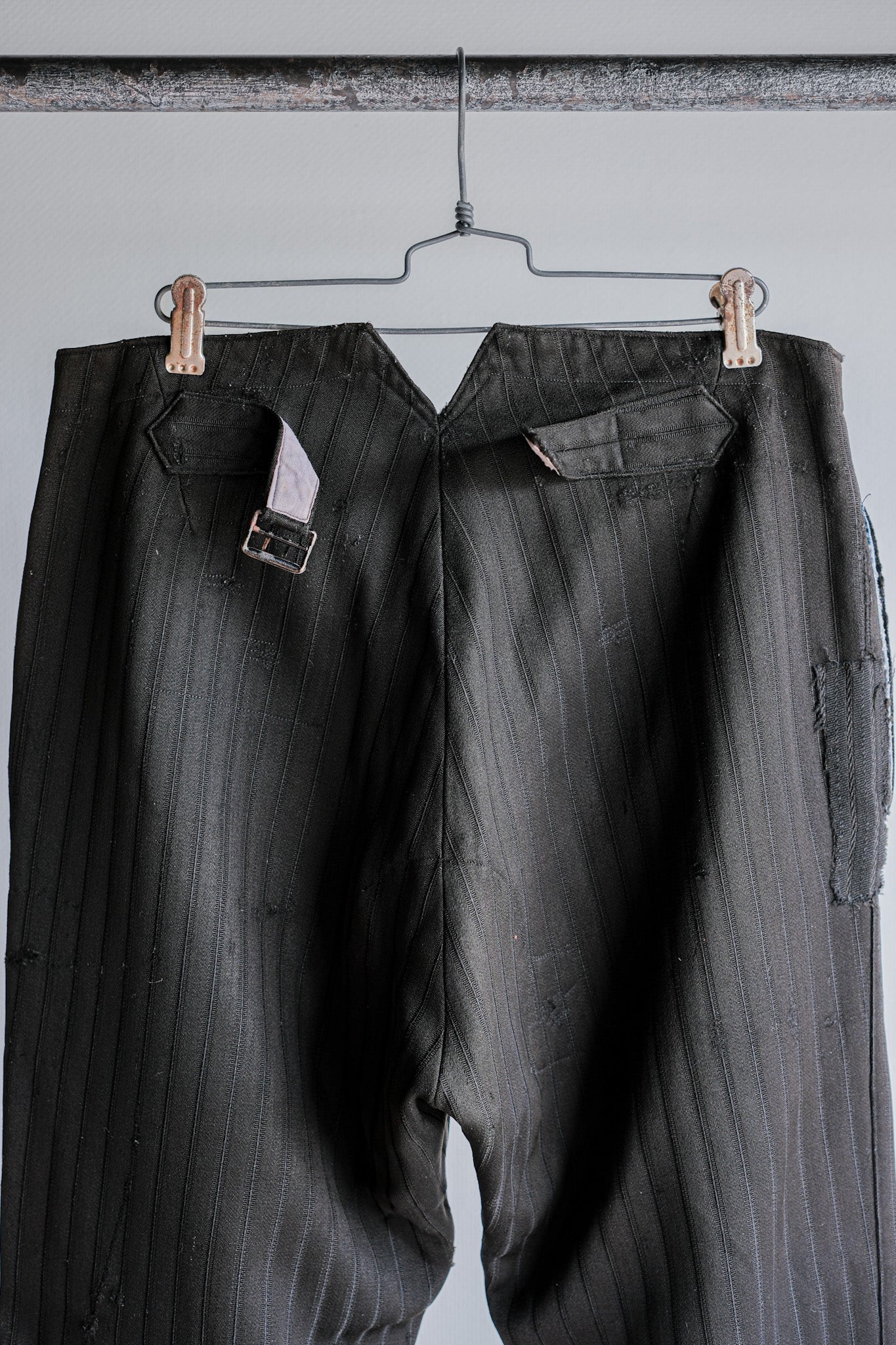【~20's】French Vintage Black Wool Striped Work Pants "Indigo Cotton Lining"