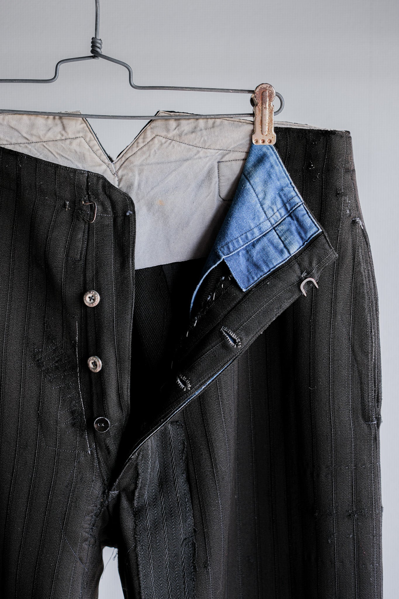 【~20's】French Vintage Black Wool Striped Work Pants "Indigo Cotton Lining"