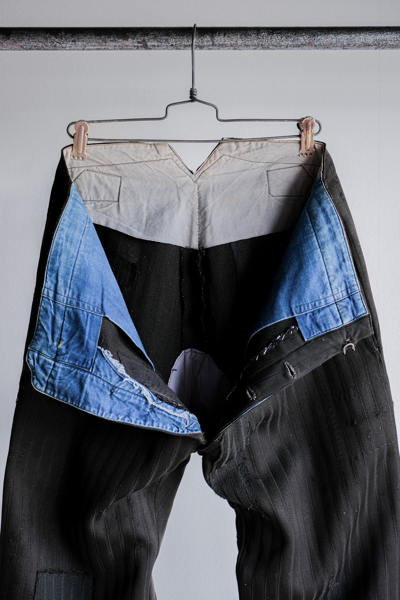 【~20's】French Vintage Black Wool Striped Work Pants "Indigo Cotton Lining"
