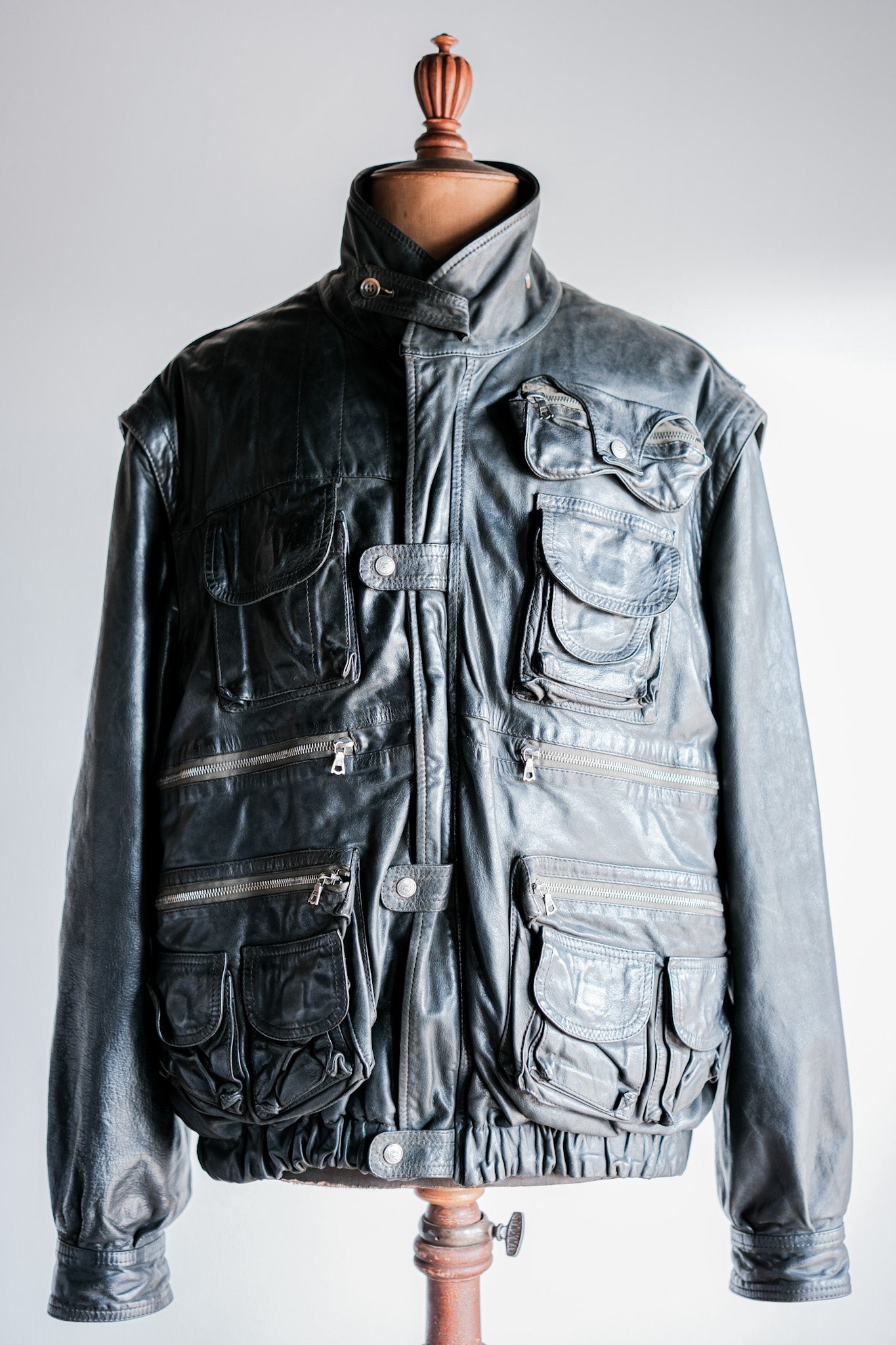 【~90's】Old Renoma Paris Black Leather Detachable Sleeve Multi Pocket Jacket With Liner Size.XXL